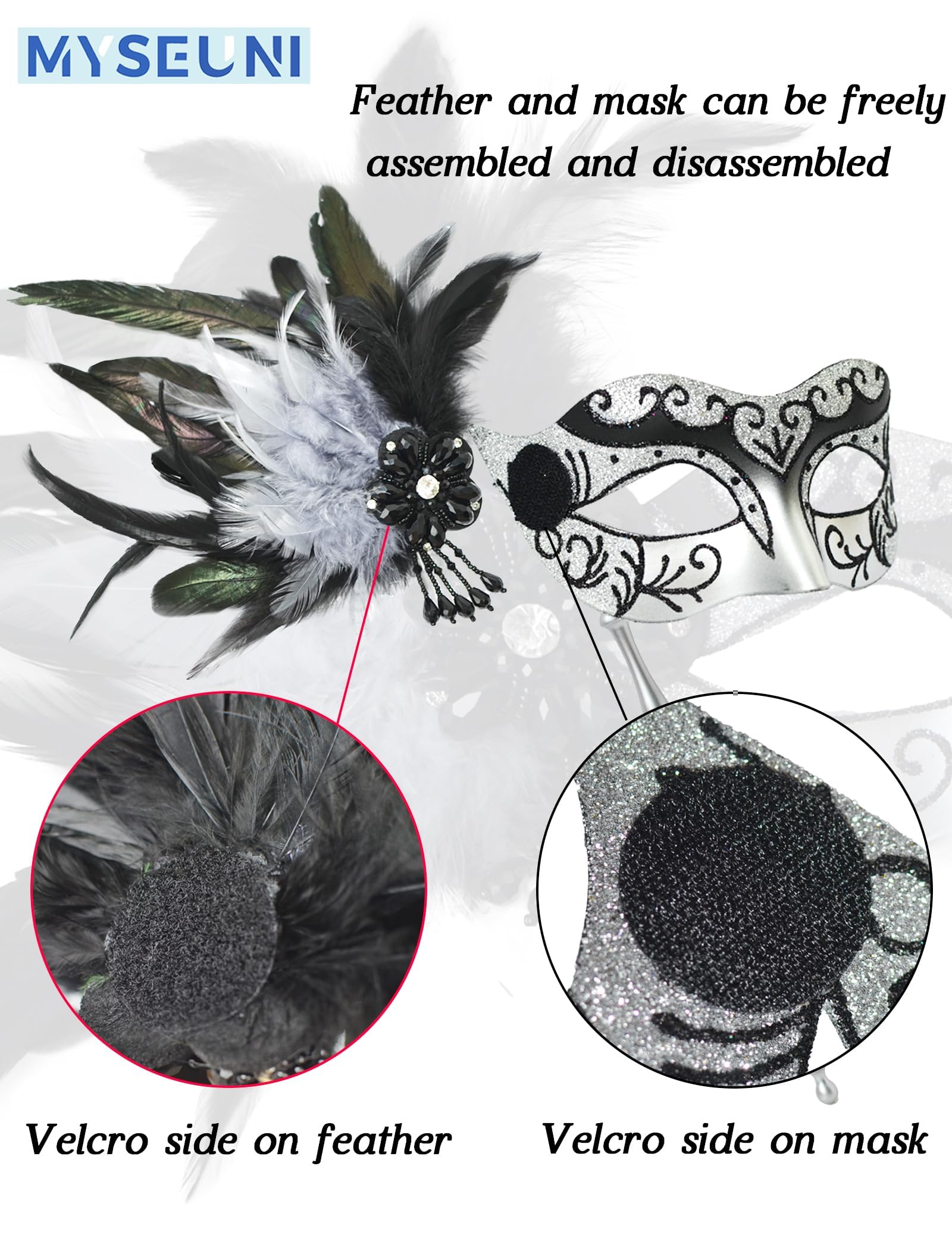MYSEUNI Silver Masquerade Mask with Stick - Image 3