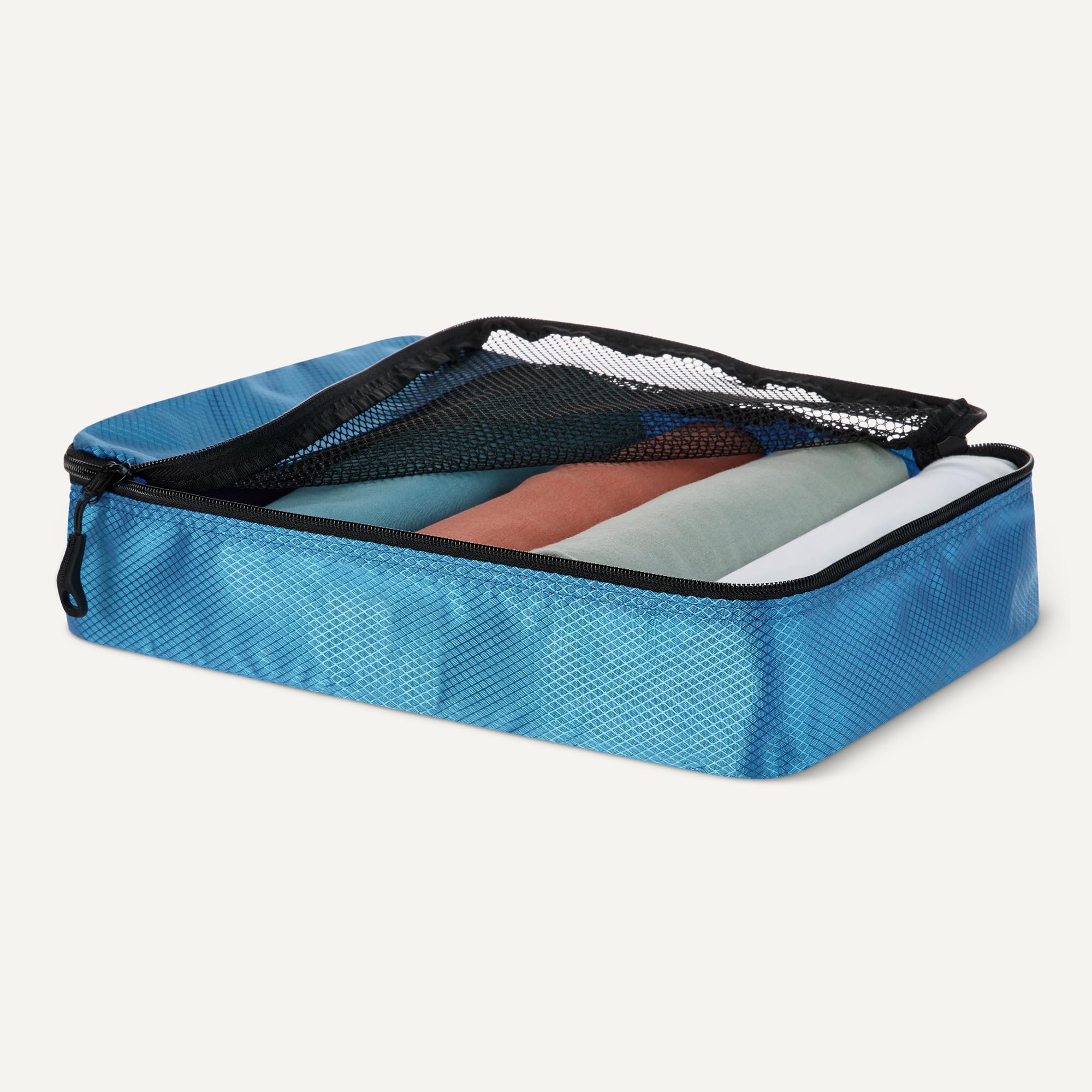 Amazon Essentials 4 Cz. Zestaw Akcesoriów Podróżnych do Pakowania, Organizer na Bagaż z Podwójnym Zamkiem, Klapa Górna z Siatki, 100% Poliester, Mały/Śr./Duży/Slim, Błękitny (Wcześniej Amazon Basics)