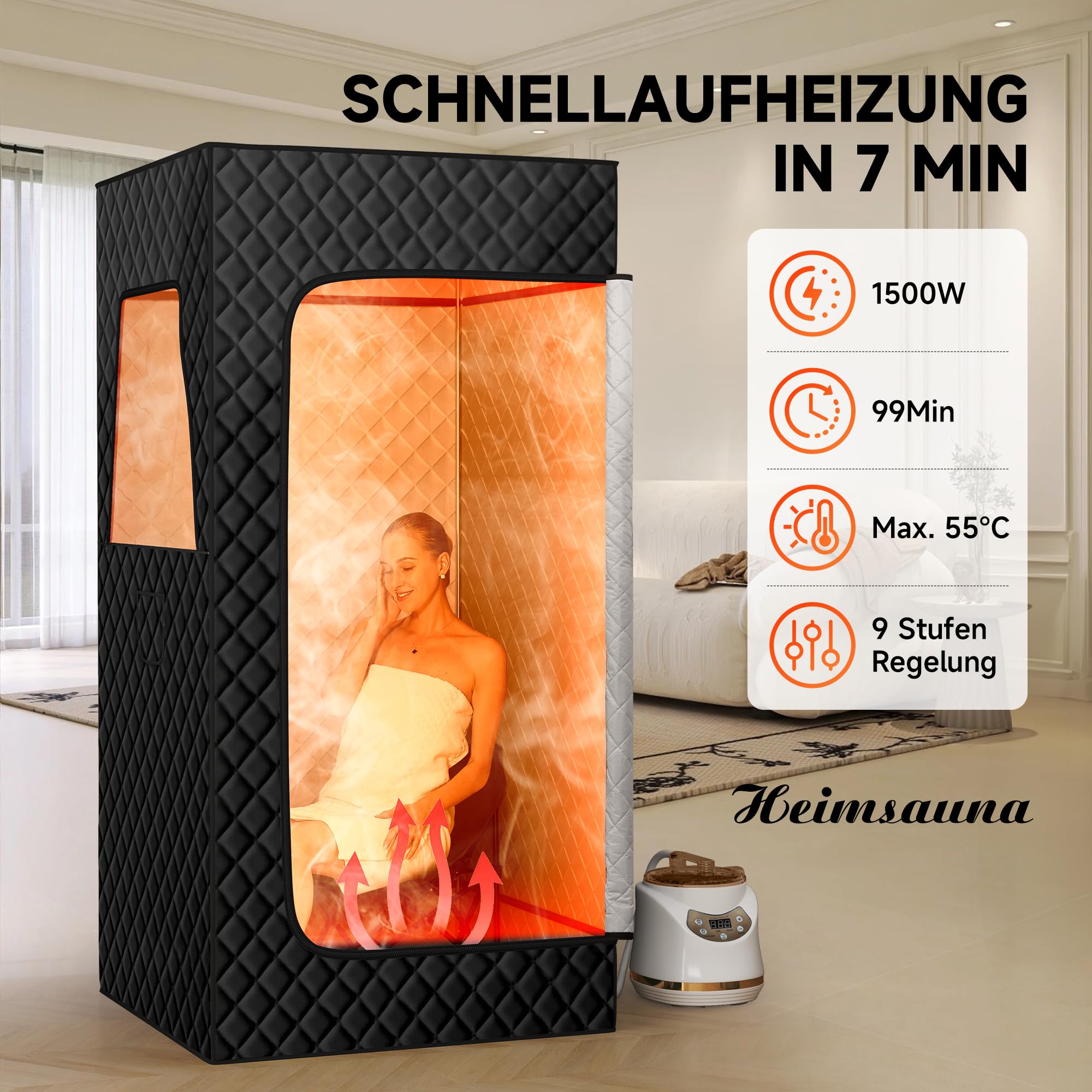 Tragbare Dampfsauna für Zuhause mit 3L/1500W Dampferzeuger & 9 Wärmestufen,inkl. Fernbedienung und Klappstuhl,Schwarzes Saunazelt für Fitness,Pilates, Garage und Wellnessbereich