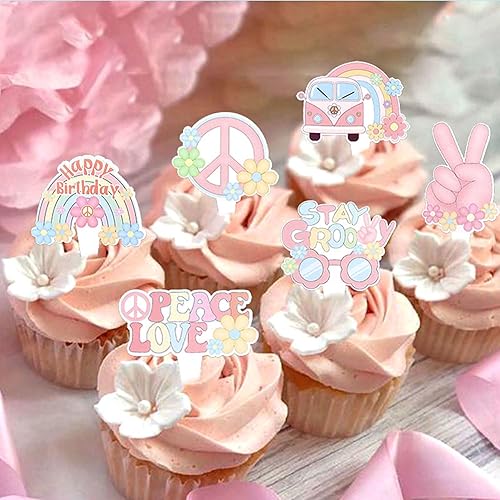 Miniatura 10 de Ercadio Paquete de 24 adornos para cupcakes de mano con diseño de símbolo de la paz con purpurina dorada para cupcakes de 2 cumpleaños para 2 fiesta