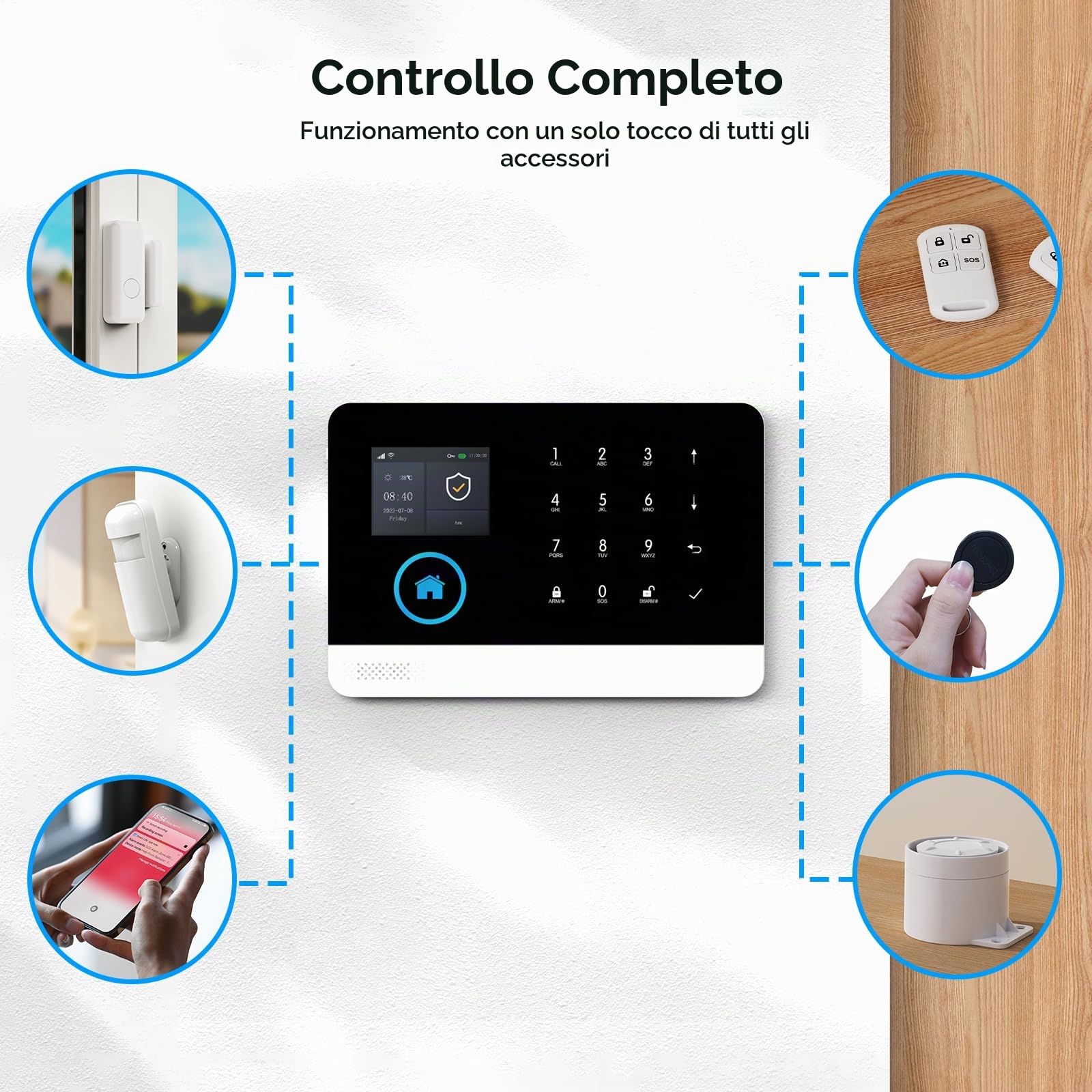 Sistemi di allarme di sicurezza domestica WiFi, kit di allarme domestico wireless GSM 4G con sirena, rilevatore di movimento PIR, telecomandi, sensore finestra/porta (A103F-4GEU-F)