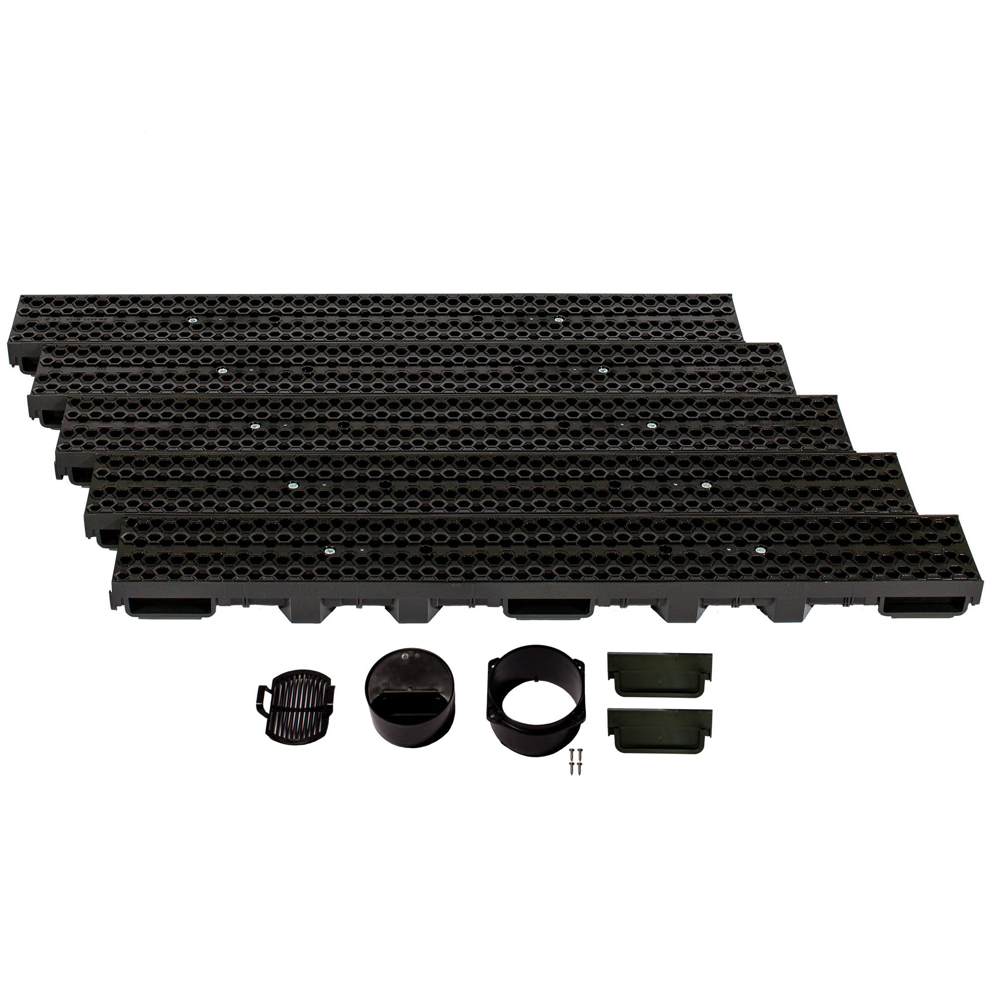 ScarMaxx - B125 Entwässerungsrinne Set - Bodenrinne - Regenwasser Ablauf - Abfluss mit Gitter - Drainagekanal Boden - Flach - Kunststoff - Bauhöhe 60 mm - Designrost Bienenwabe Schwarz - 5m