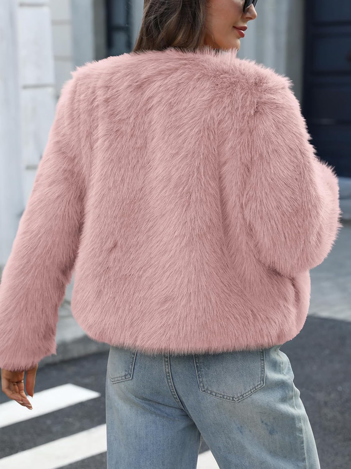 ELLEVEN Women’s Fluffy Faux Fur Cropped Coat – Soft Warm Fashion Winter Jacket with Hooks & Pockets - Image 3