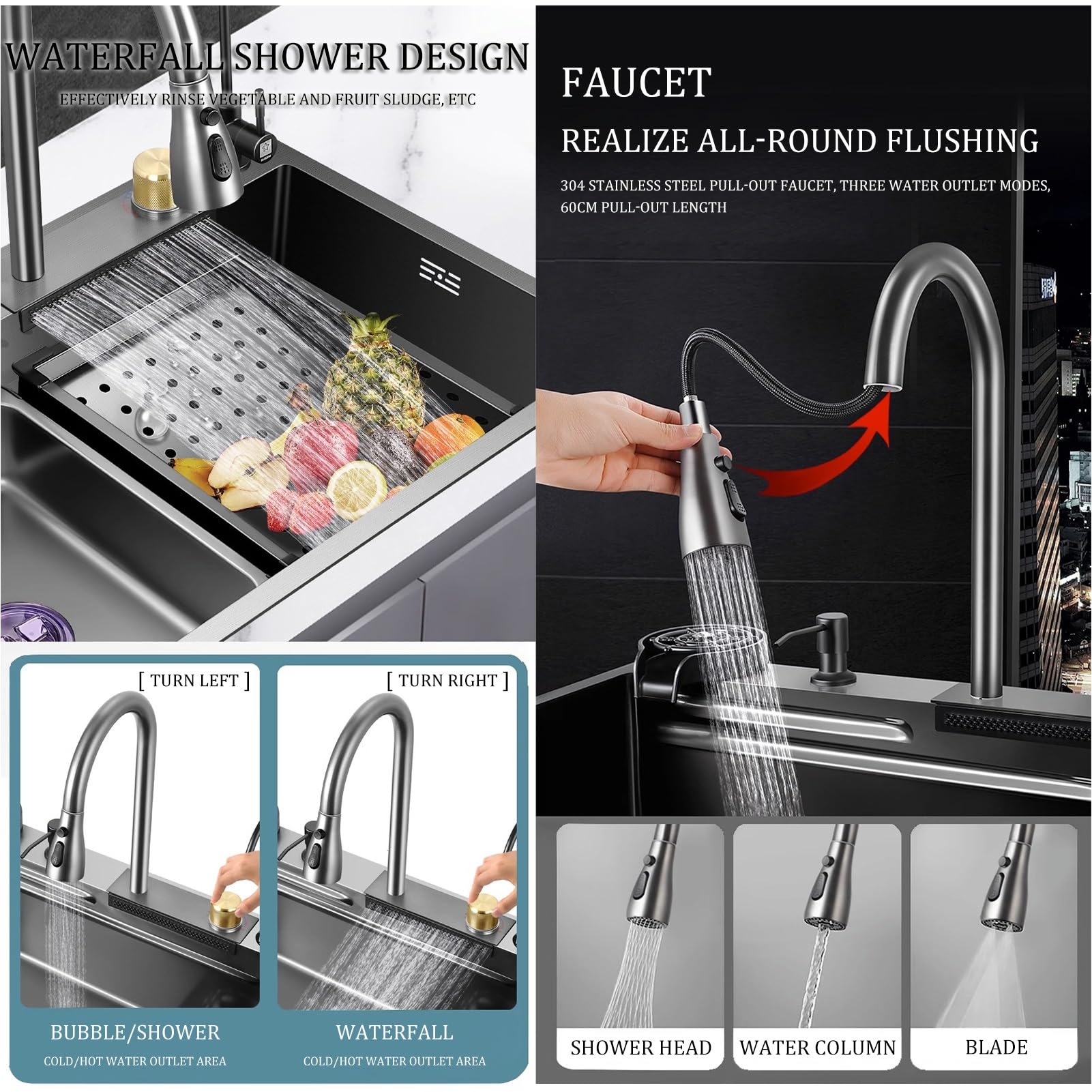 Zlewozmywak kuchenny, stacja robocza Waterfall Nano 304 Zlewozmywak jednokierunkowy ze stali nierdzewnej z wyciąganym kranem, zmywarką ciśnieniową i innymi akcesoriami (kolor: neg