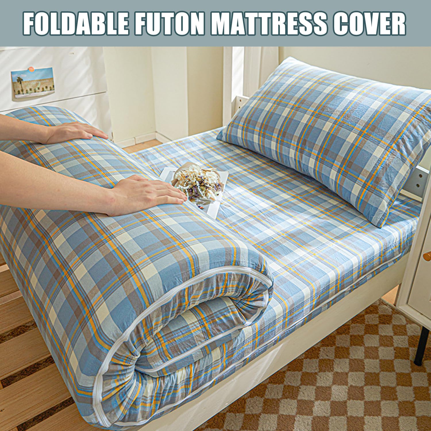 A,90x200cm(Twin), Housse De Matelas Futon 100% Cotton Taille Queen/Full avec Fermeture À Glissière Housse De Matelas De Sol Futon Japonais Tout Enveloppé Housse De Coussin De Couchage
