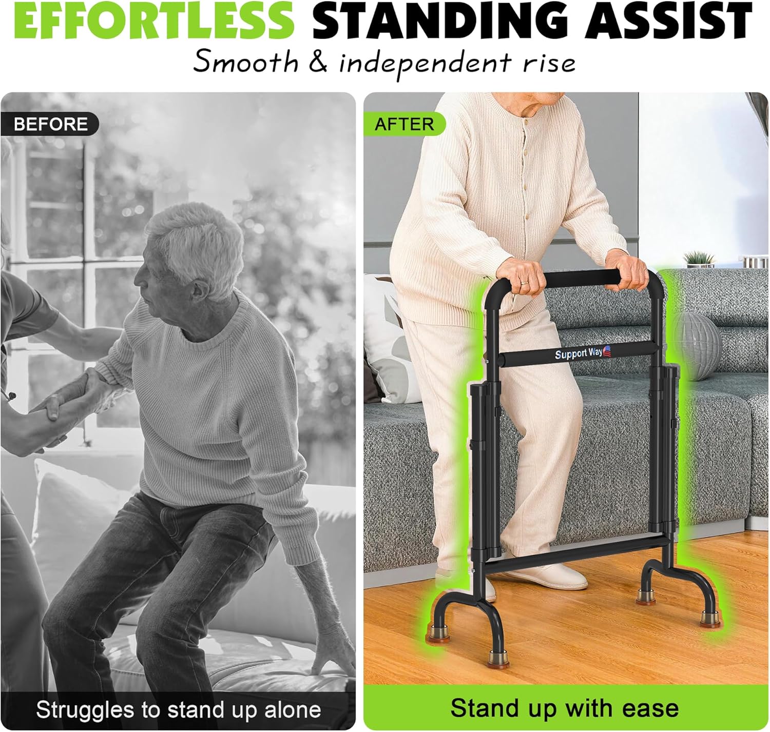 Stand Assist for Chair & Couch – Reinforced Dual-Tube Design, Height Adjustable Mobility Aid for Seniors, Lightweight Metal Frame with 600lb Capacity
