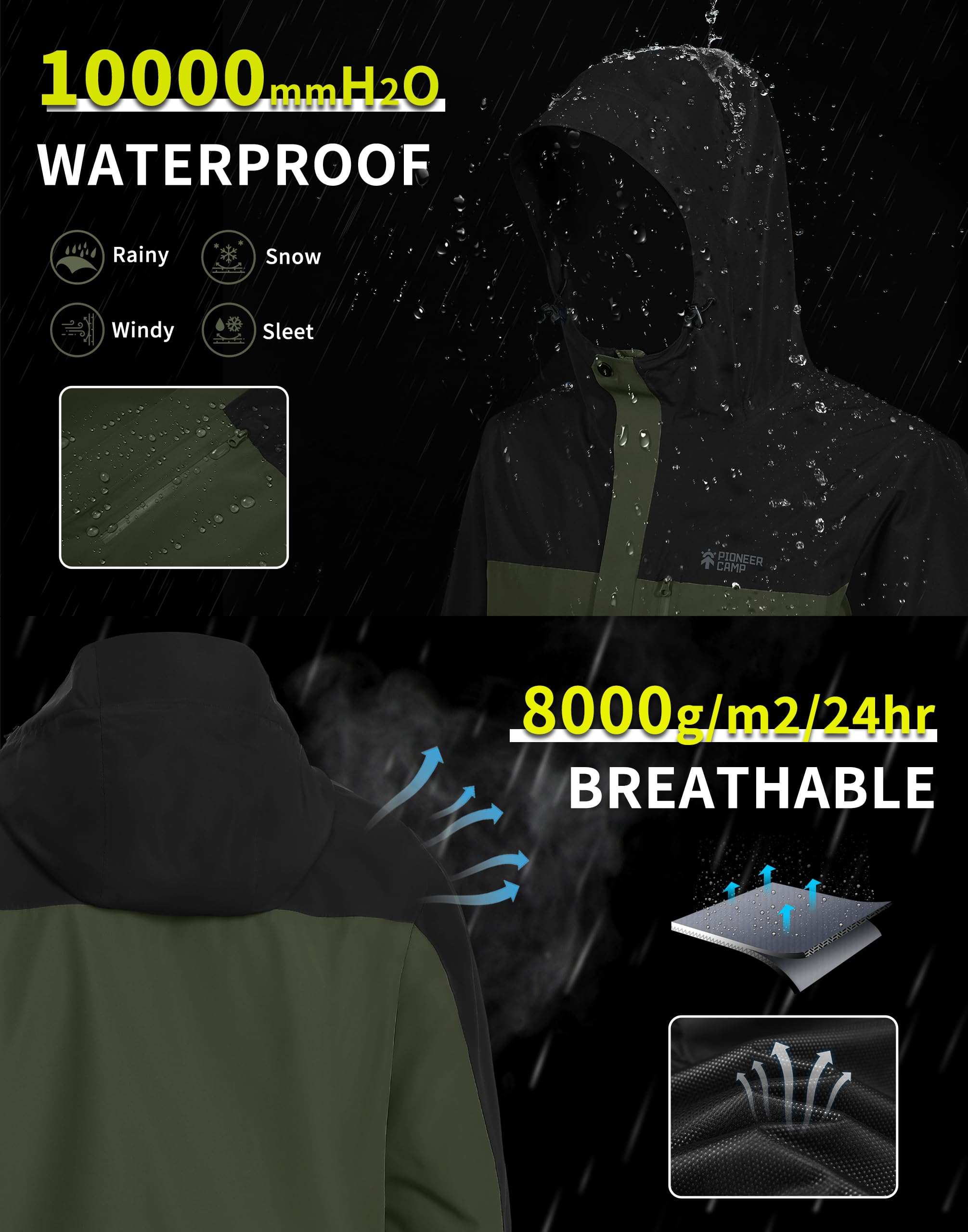 Pioneer Camp Chaqueta impermeable para hombre, con capucha, ligera, para senderismo, 4 bolsillos, cortavientos