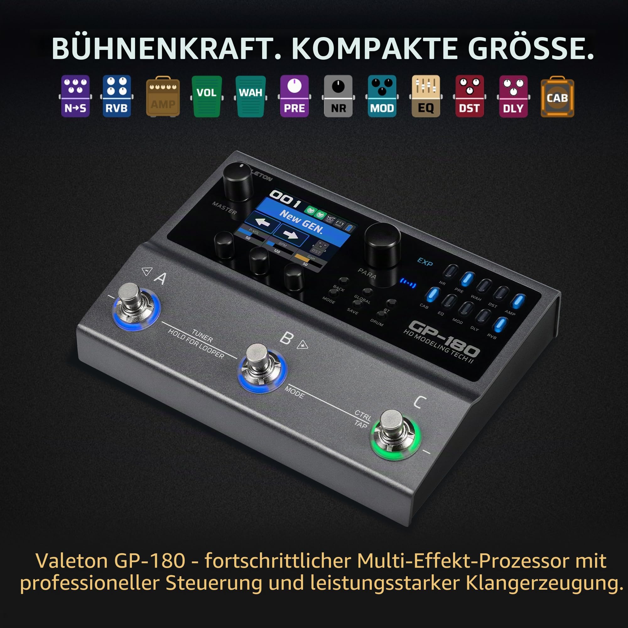 Valeton GP-180 Gitarren-Multieffektpedal – Über 200 Effekte, NAM- und IR-Loader, 12-Modul-Signalkette, 6-In/4-Out USB-Audio-Interface, Bluetooth, Looper und Drumcomputer