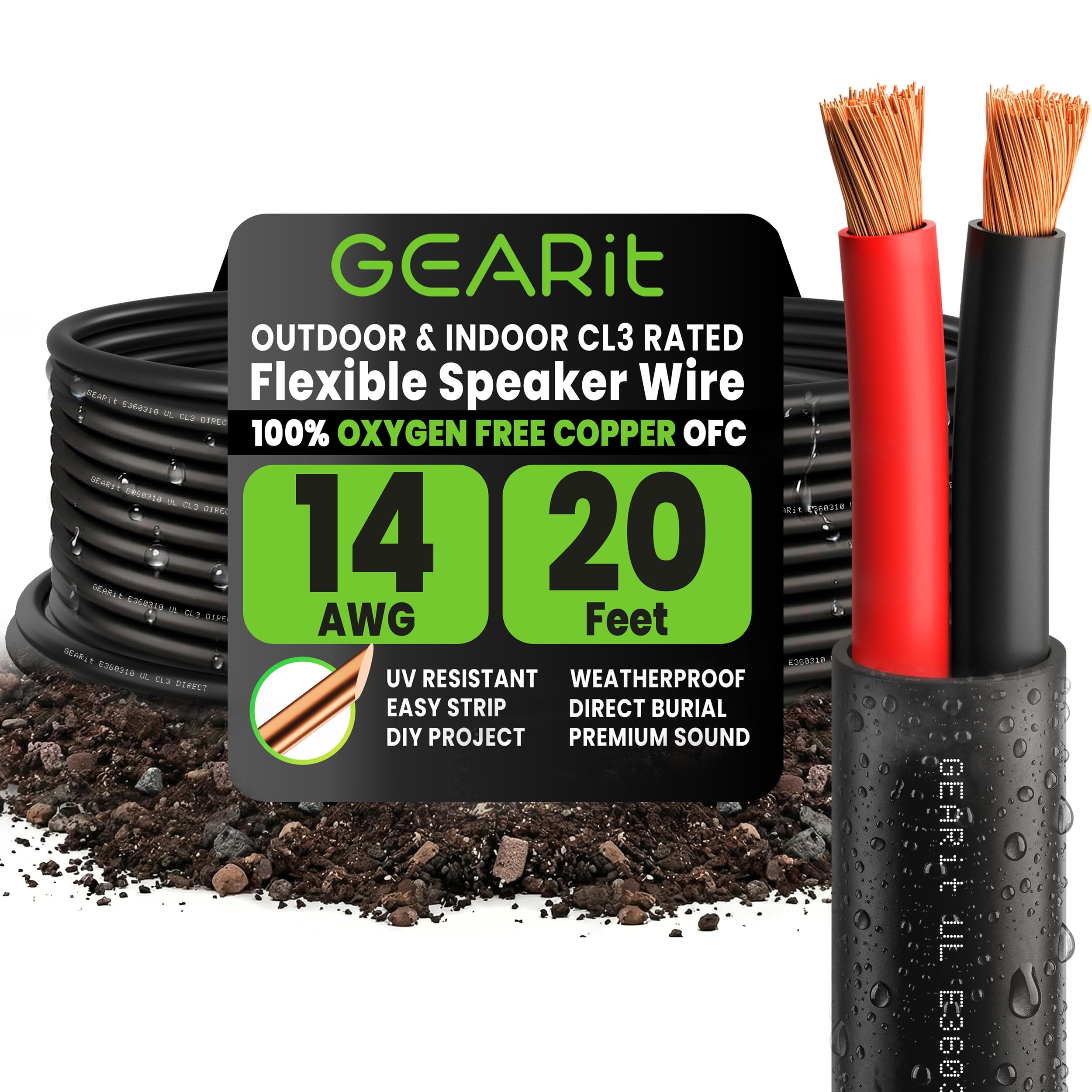 GearIT 14/2 Speaker Wire (20 Feet) 14AWG Gauge - Outdoor Direct Burial in Ground/in Wall / CL3 CL2 Rated / 2 Conductors - OFC Oxygen-Free Copper, Black 20ft
