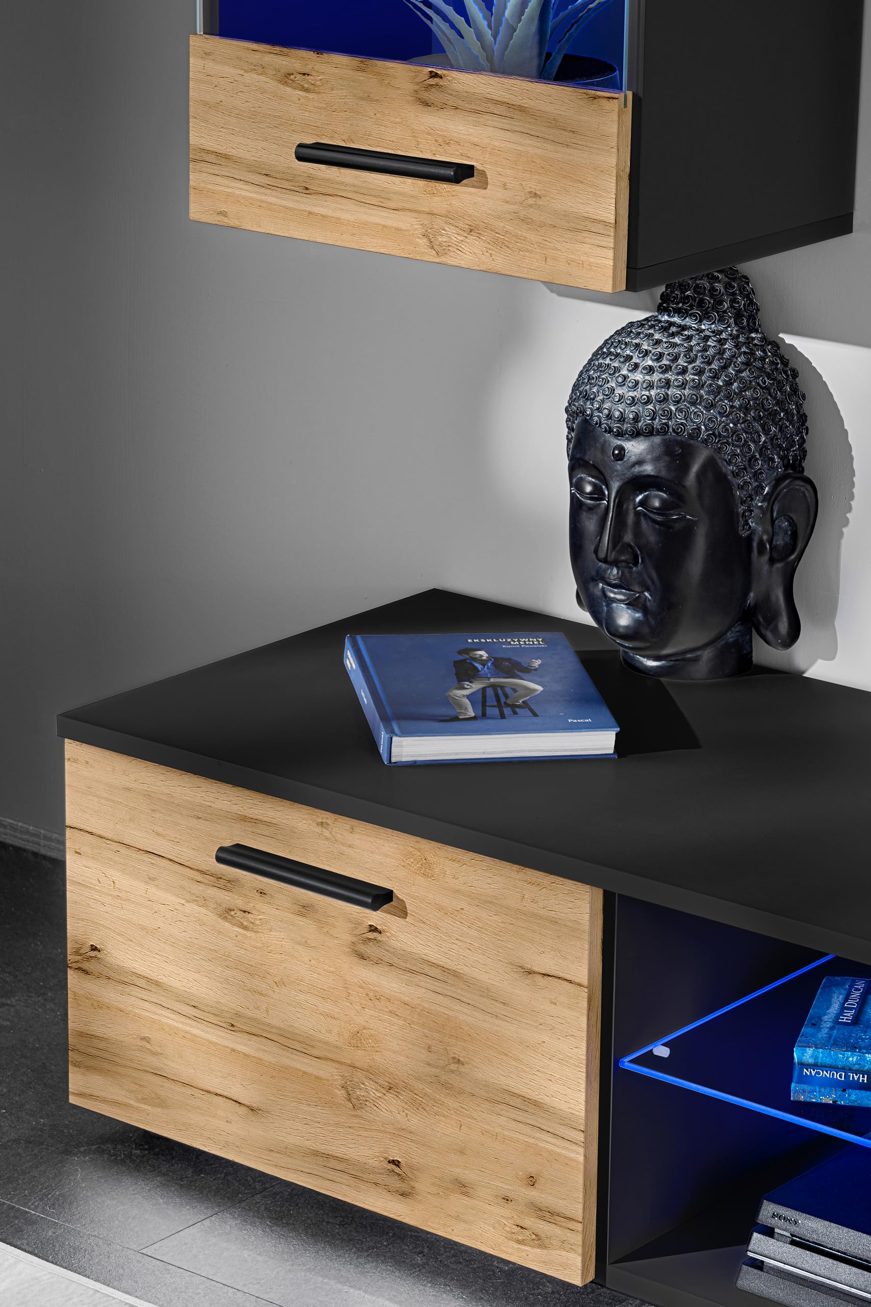 Komodee, Set Di Mobili RTV Varallo, Nero/Wotan, Larghezza 200 cm x Altezza 195 cm x Profondità 45 cm, LED RGB, Per Soggiorno, Camera Da Letto
