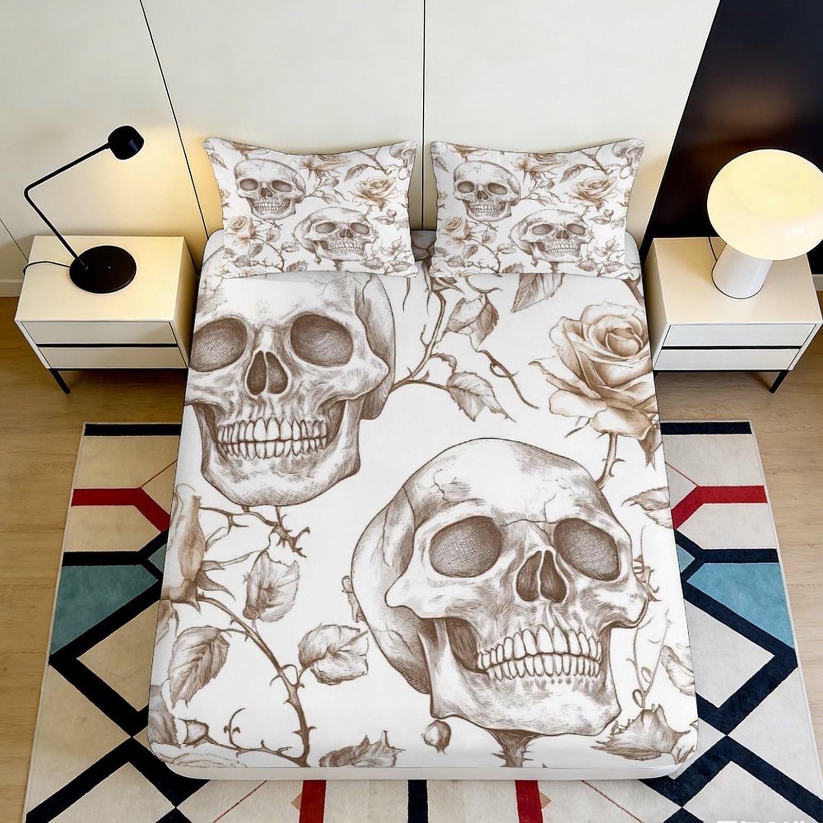 3D Printed Skull Floral Fitted Sheet Microfiber Brown Skeleton Pattern Mattress Cover Bedroom Decor Machine Washable 90x200x25cm