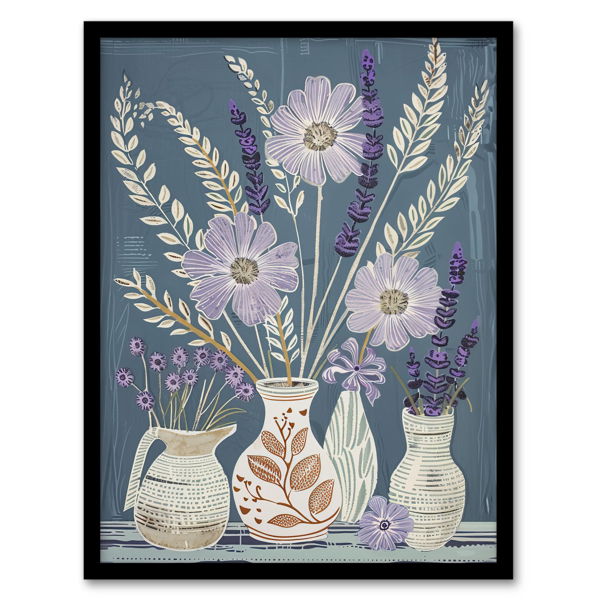 Artery8 Lavender Flower Bouquet Vases Purple Still Life Dining Room Artwork Framed Wall Art Print A4