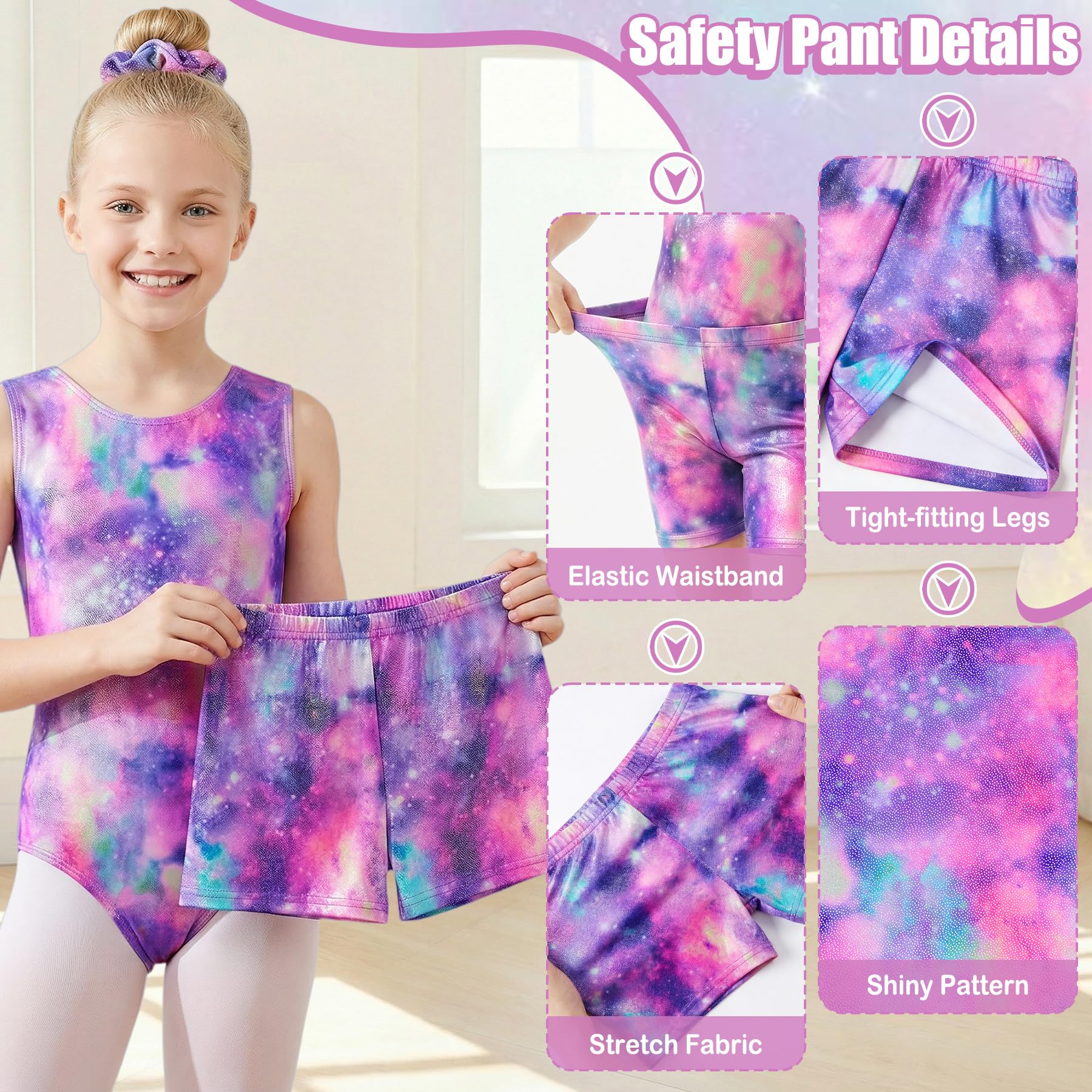 Leotardo de Gimnasia para Niñas 3 Piezas Sin Mangas Larga Maillot con Pantalones Cortos y Diadema Conjunto Brillantes Degradados Body Traje Competición Actuación 3-14 años