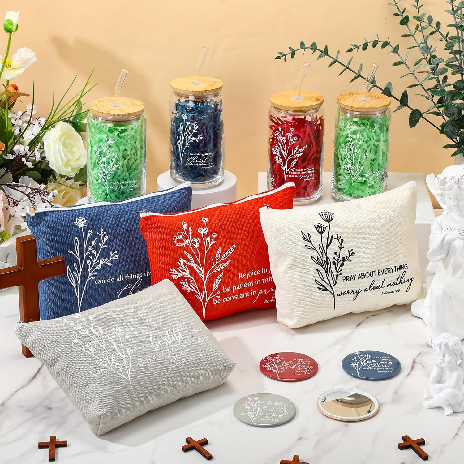 Fumete 4 Set Christian Gifts for Women Bulk Religious Makeup Bag Bible Verse Glass Cup Mini Christian Compact Mirror Regalos Cristianos Mothers Day Birthday Graduation Church Gifts (Bright Colors) - Image 4