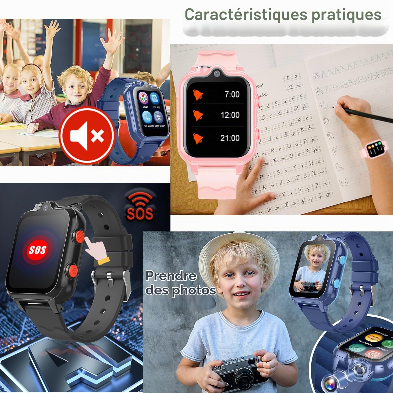 Montre Connectée Enfant 4G/GPS/WiFi/Appel Vidéo/SOS, Cadeaux Montre Connectée Garçons Filles avec Appareil Photo, Musique, Bluetooth, Mode Classe, Réveil, Pédomètre.