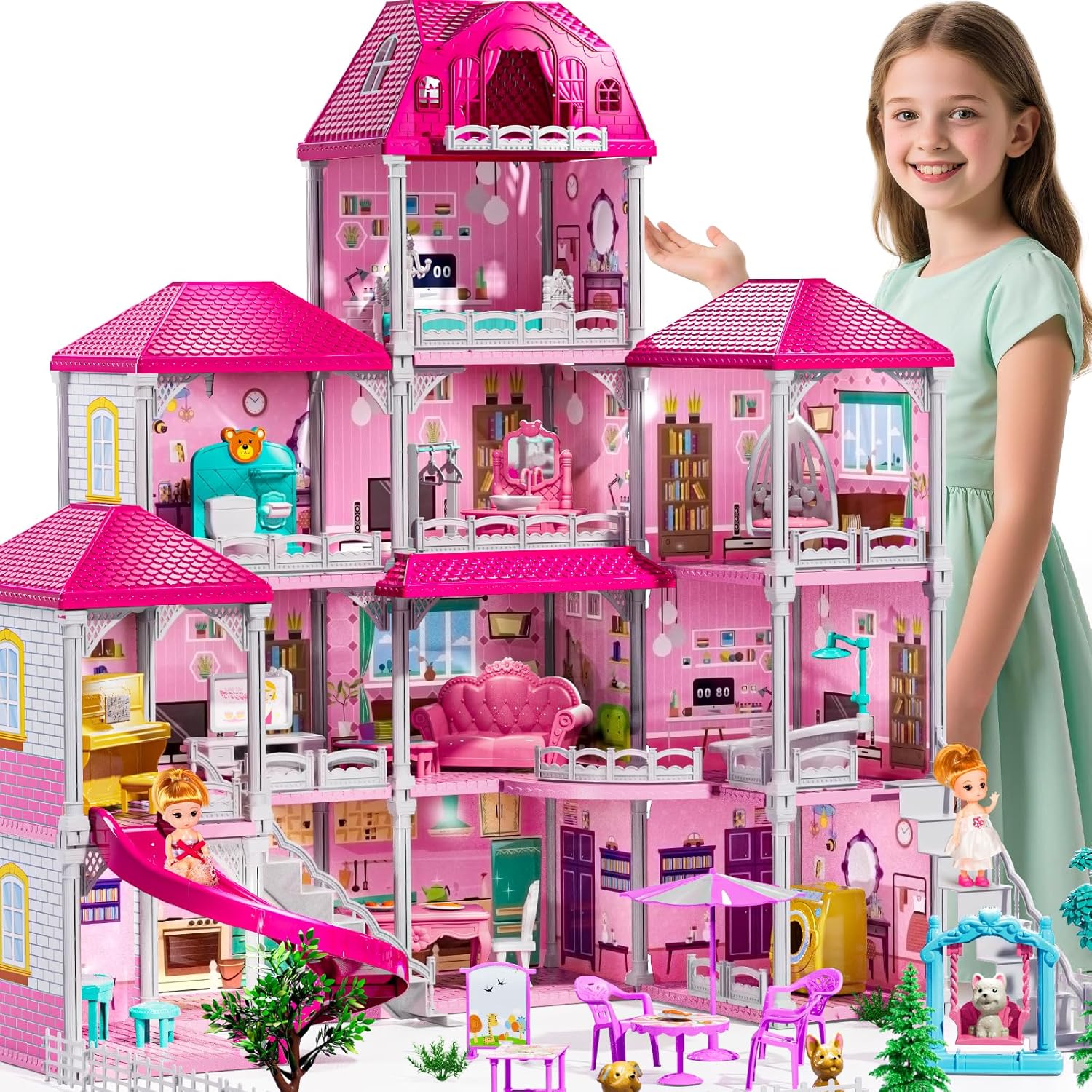 4-Storey House for Girls Ages 3-7, Villa Playset with 2 Dolls and 12 Room, Furniture and Accessories, Pretend Indoor Playset Toddler Toys, Birthday Girls Toys for Ages 4-8 6-8 12Rooms,2Dolls,33 Accessories