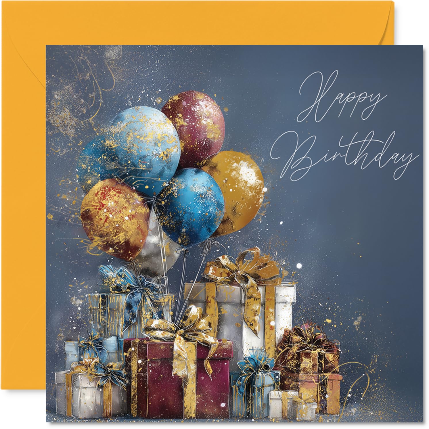 Gold Family Birthday Card - Gold Balloons & Presents - Happy Birthday Card for Family from Colleague Friends, 145mm Golden Balloons & Presents Bday Greeting Cards