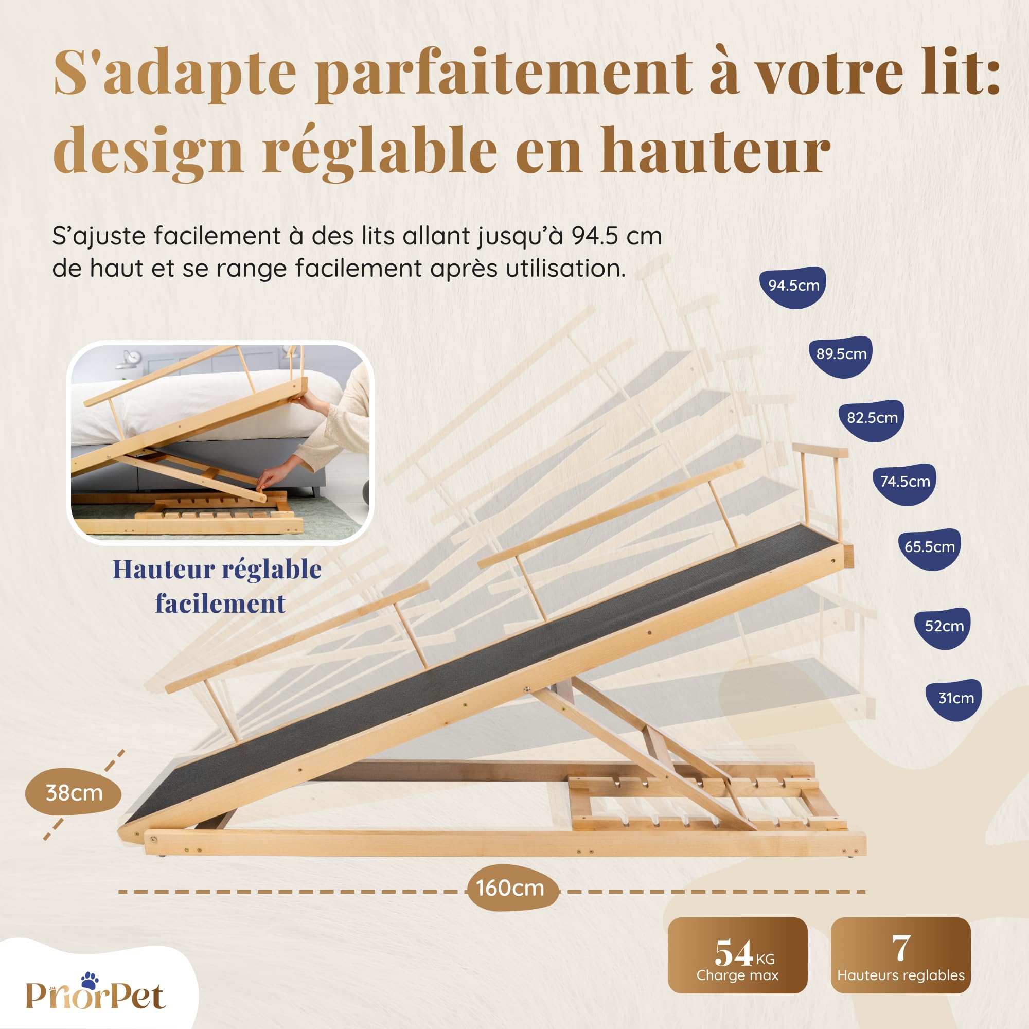 Rampe pour Chien Lit avec Barrières de Sécurité - Escalier pour Chien PRIORPET - Bois de Bouleau - pour Lit Haut jusqu'à 94.5 cm - Pliable -Poignée antidérapante-pour Les Chiens jusqu'à 23kg- Naturel