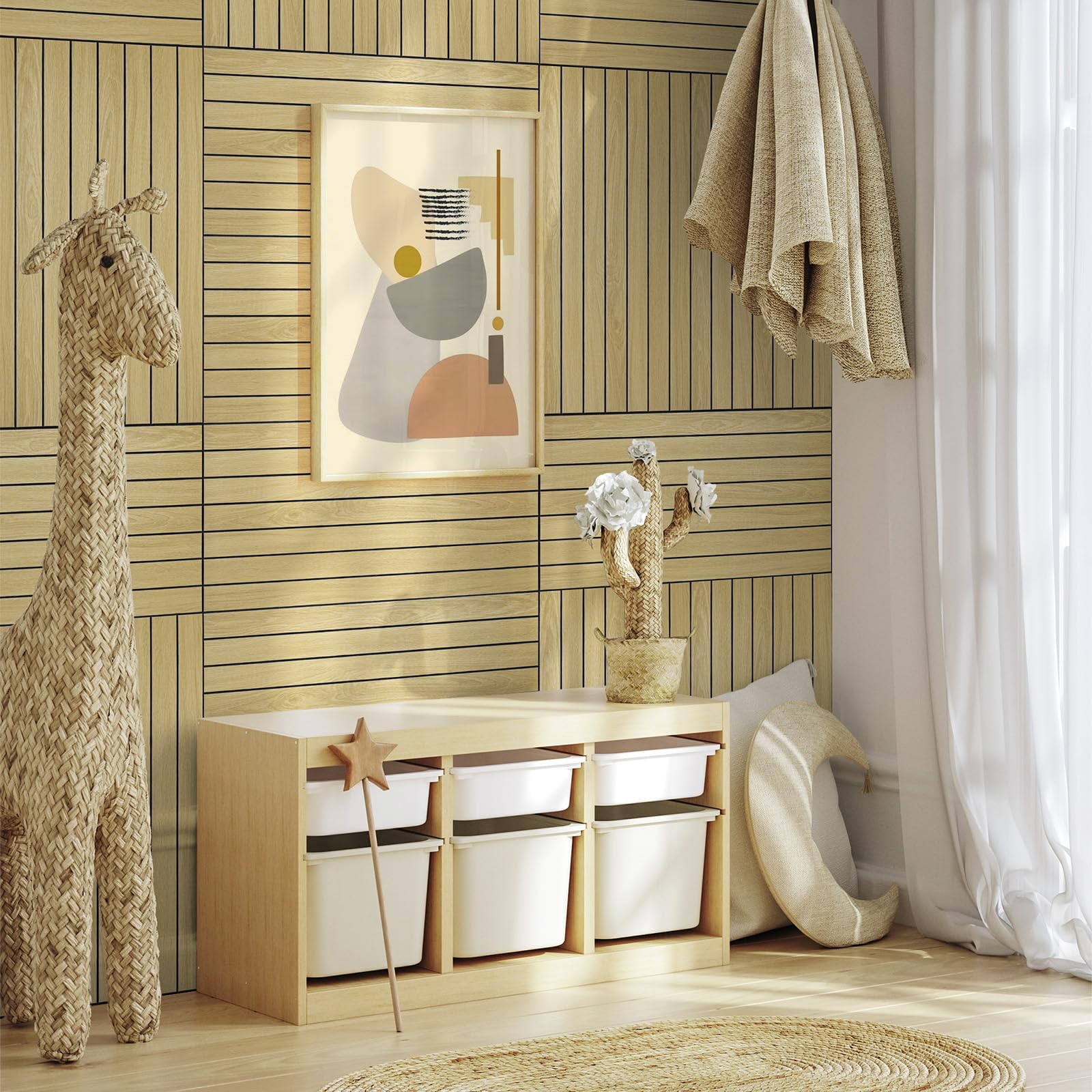WADILE Panneaux Muraux à Lattes Bois Autocollants 30×60 cm – Panneaux Muraux Décoratifs en PVC Insonorisants pour Salon et Chambre – Lot de 20