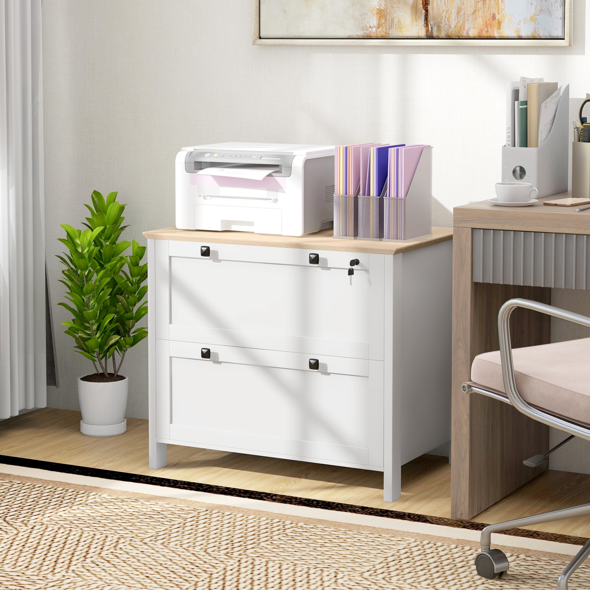 HOMCOM Armadietto Portadocumenti con 2 Cassetti, Serratura e Chiavi, Mobile Schedario da Ufficio per Cartelle A4, 76x40x76 cm, Bianco
