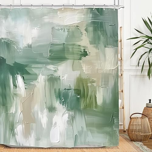 Miyotaa Juego de cortina de ducha abstracta verde salvia, 60 pulgadas de ancho x 71 pulgadas de alto, arte de pinceladas neutro moderno