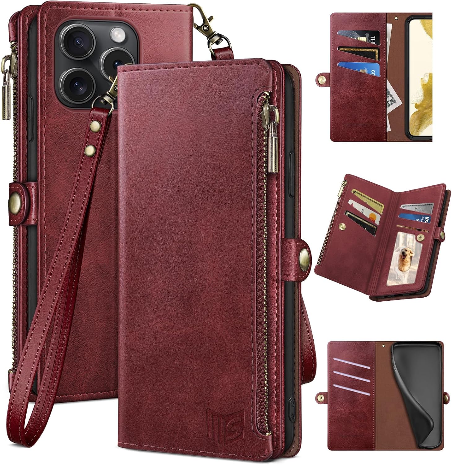 Compatible with ‌iPhone 14 Pro 6.1" Wallet case with Zipper Credit Card Holder【RFID Blocking】,Flip Folio Book PU Leather Phone case Shockproof Cover Women Men for Apple 14 Pro case Red