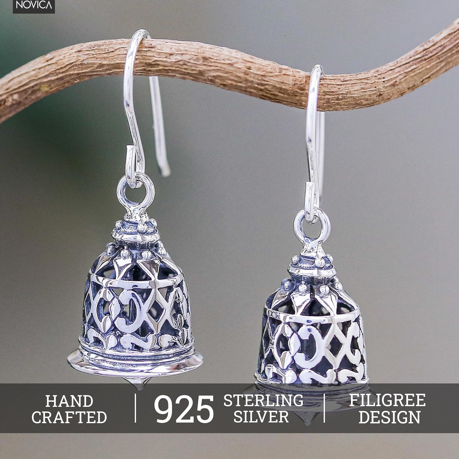 NOVICA Handmade Sterling Silver Earrings | Fair Trade Dangle | Artisan Crafted | Long French Hook Wire | Vintage | Hypoallergenic Drop | Temple Bell |Thailand 1.2 in L x 0.4 in W x 0.4 in D
