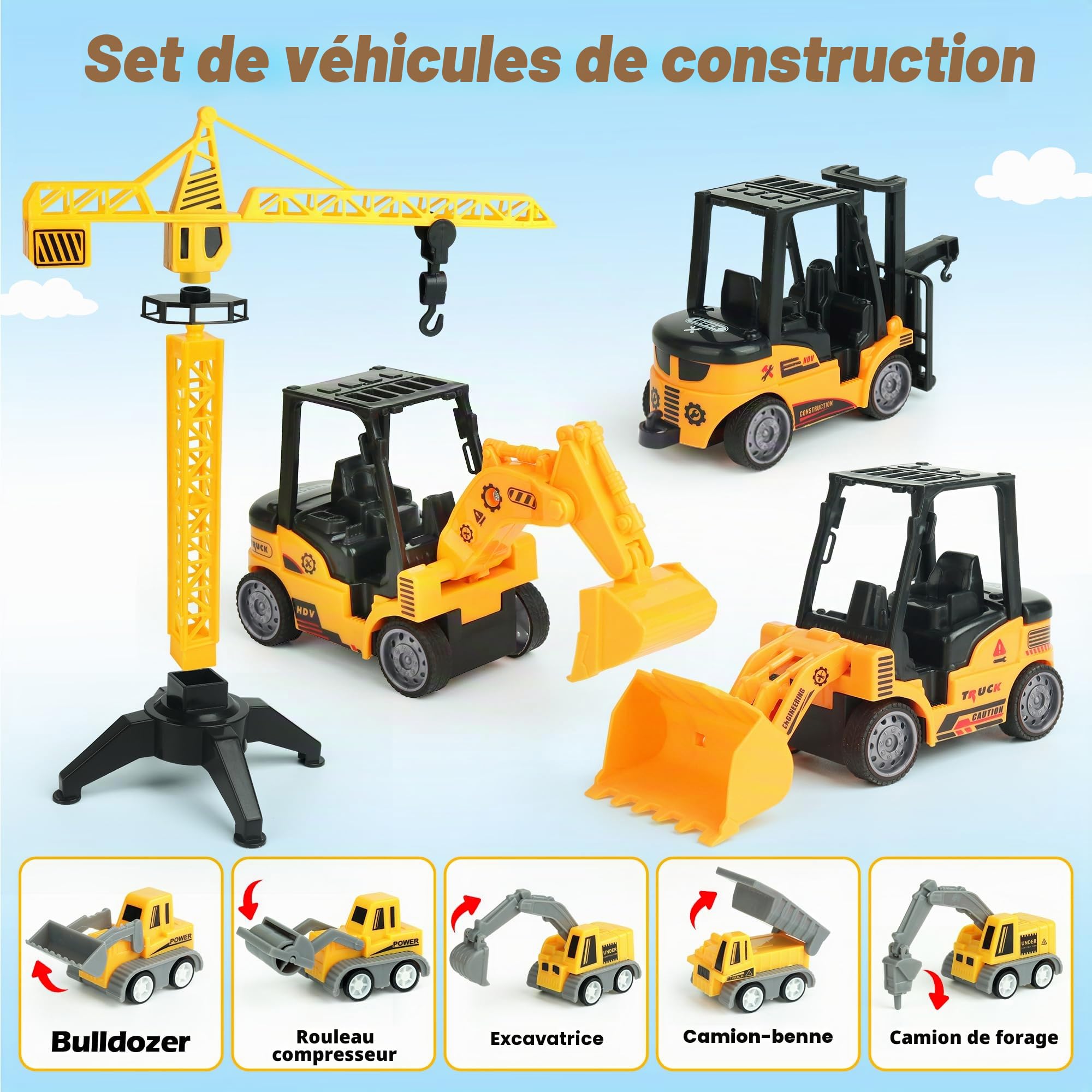 Kit de Chantier de Construction - 37 Pièces avec 8 Camions, Bac à Sable Pliable, Sable Magique 1 kg, Grue, Travailleur, Panneaux de Signalisation, Moules