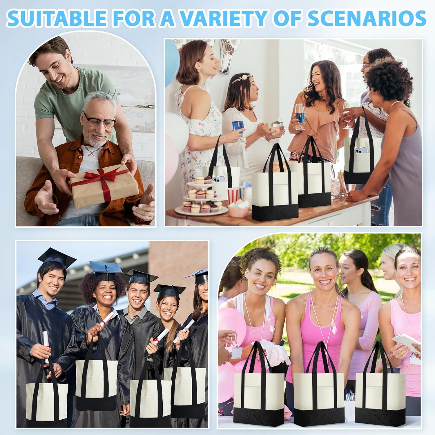 Sanwuta 6 Pcs Canvas Tote Bags Bulk with Outer Pocket Small Sublimation Blank Canvas Tote Reusable Grocery Bag for Women, DIY Craft (Black)