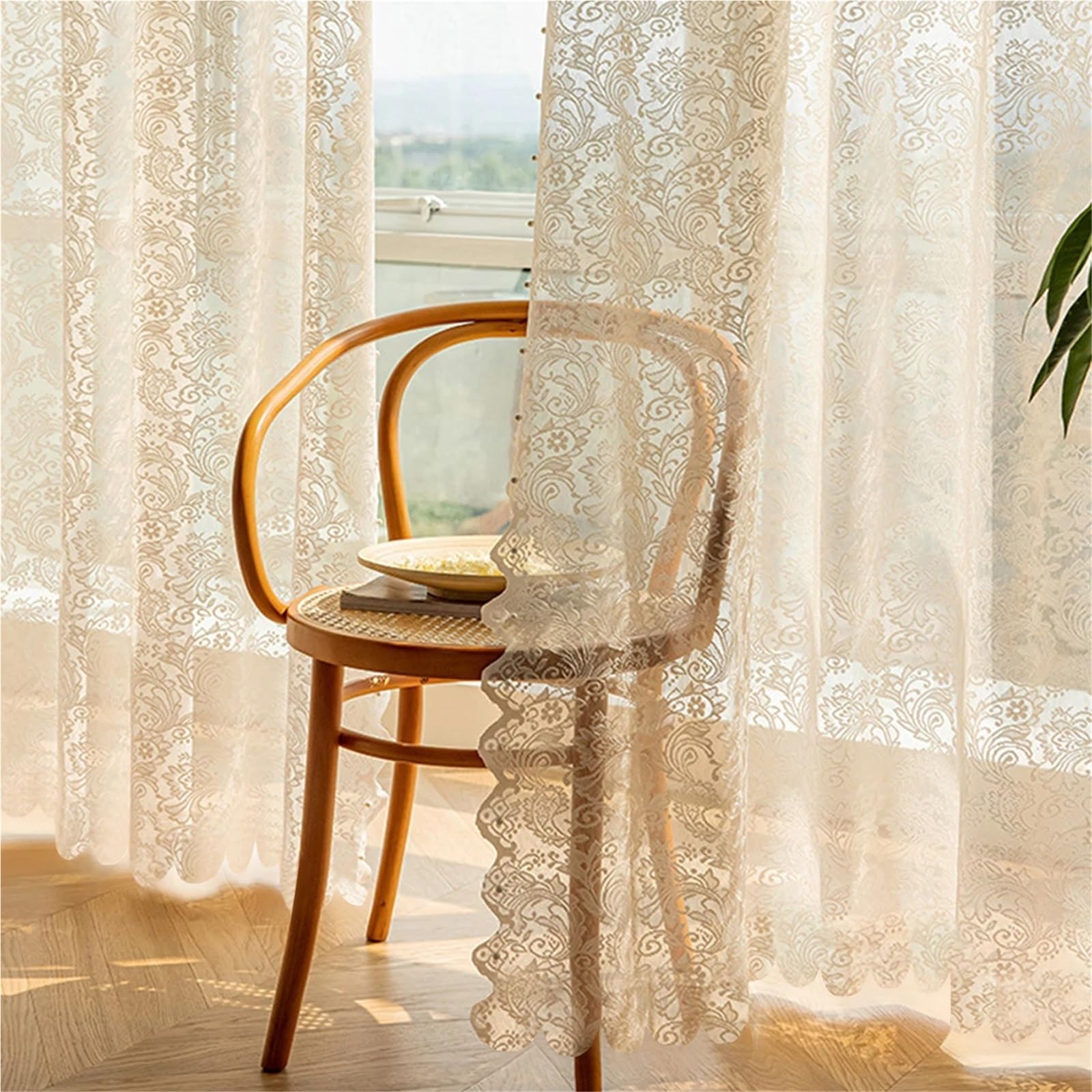 Voilage transparent en dentelle brodée florale romantique pour fenêtre et porte de salon Det Ele Vert 1 pièce Décoration d'intérieur