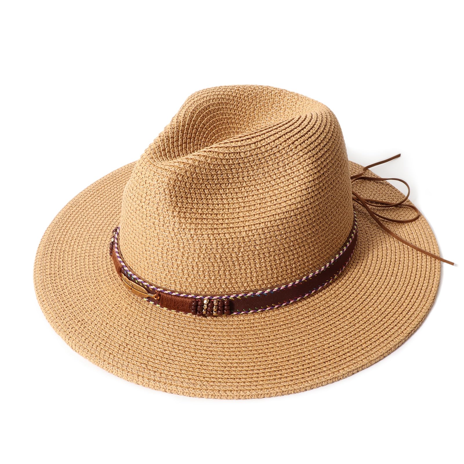 DRESHOW Women Wide Brim Straw Panama Roll up Hat Fedora Beach Sun Hat UPF 50+