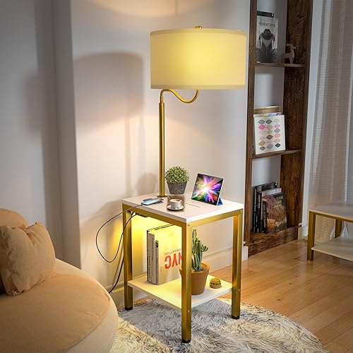 Miniatura 5 de Lámpara de pie LED con mesa, mesa auxiliar con luz LED y toma de corriente, mesita de noche con lámpara, mesa auxiliar con lámpara adjunta para sala