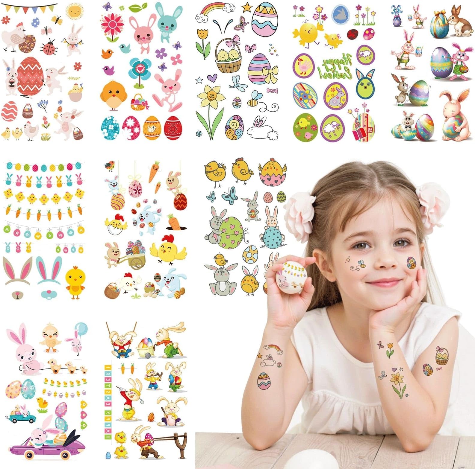 150+ Easter Temporary Tattoos for Kids Bulk 10 Sheets, Easter Bunny Decorations Basket Stuffers Egg Hunt Fillers Party Favor Essentials for Toddler and Teens Holiday Treats