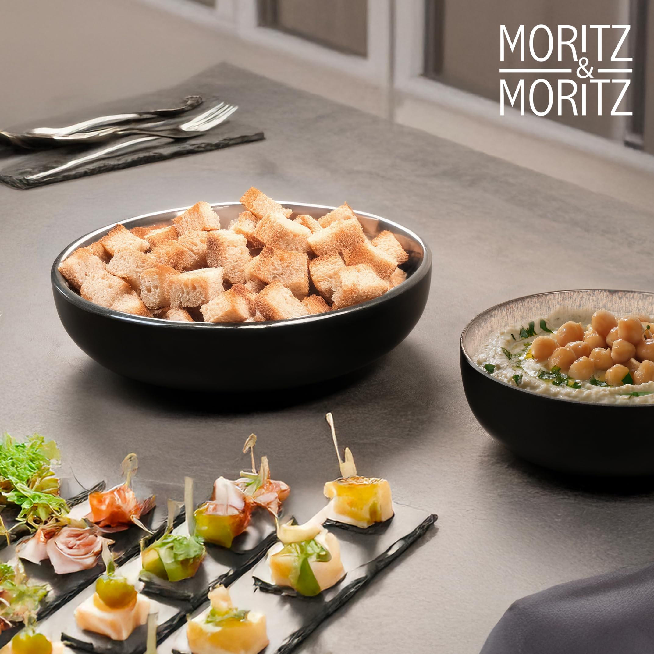 Moritz & Moritz VIDA Juego de cuencos para servir beige, 2 cuencos grandes de porcelana, modernos y atemporales, aptos para microondas y lavavajillas, perfecto para ensaladas, pastas