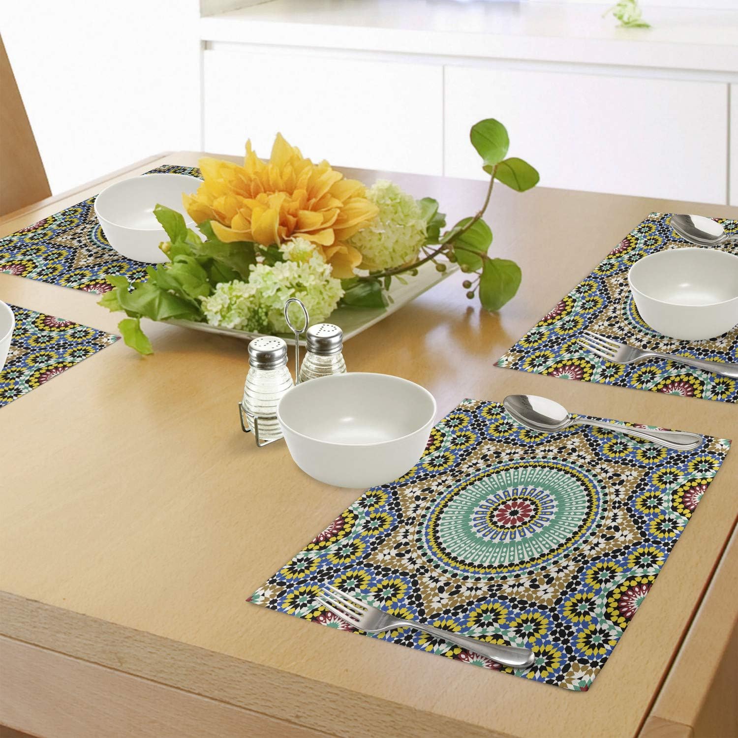 Lunarable Moroccan Place Mats Set of 4, Architectural Glaze Wall Tile Ceramic Historical Traveling Destinations, Washable Fabric Placemats for Dining Table, Standard Size, Khaki Blue