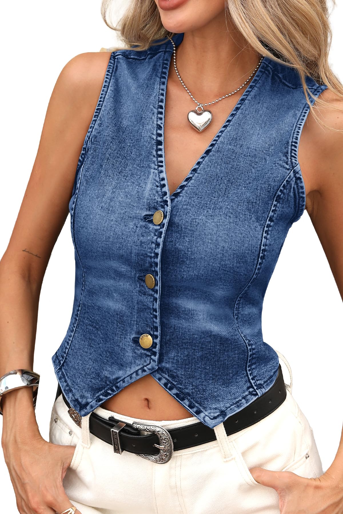ELLEVEN Womens Cropped Denim Vest with Fitted Waist V-Neck Jean Waistcoat for Summer Western Trendy Outfits