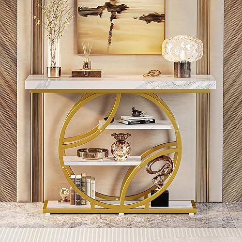 Miniatura 6 de Huuger Mesa de entrada de 41.3 pulgadas con parte superior de mármol, moderna mesa de sofá consola con estantes, para entrada, pasillo, entrada