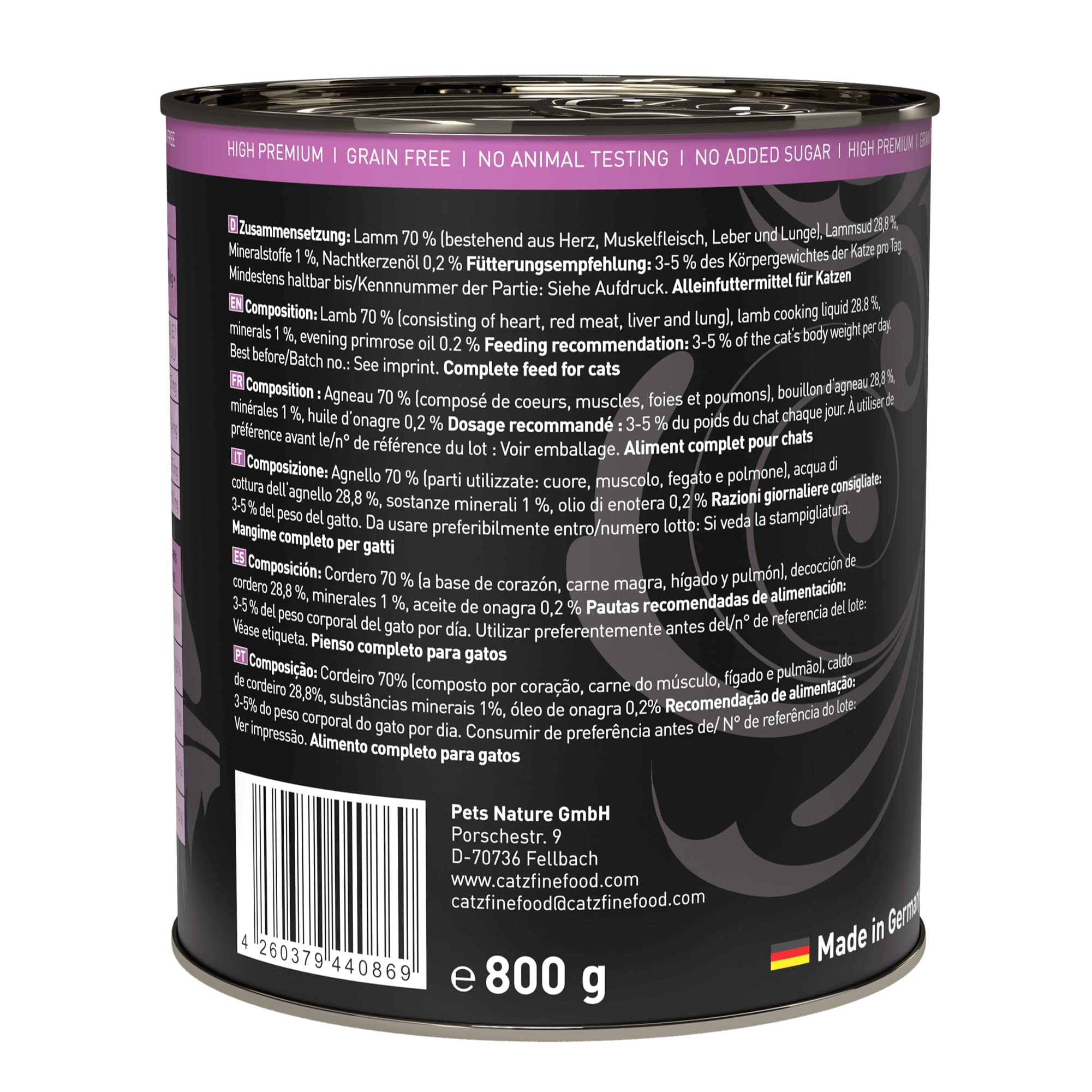 catz finefood Purrrr Lamm Monoprotein Katzenfutter nass N° 111, für ernährungssensible Katzen, 70% Fleischanteil, 6 x 800 g Dose