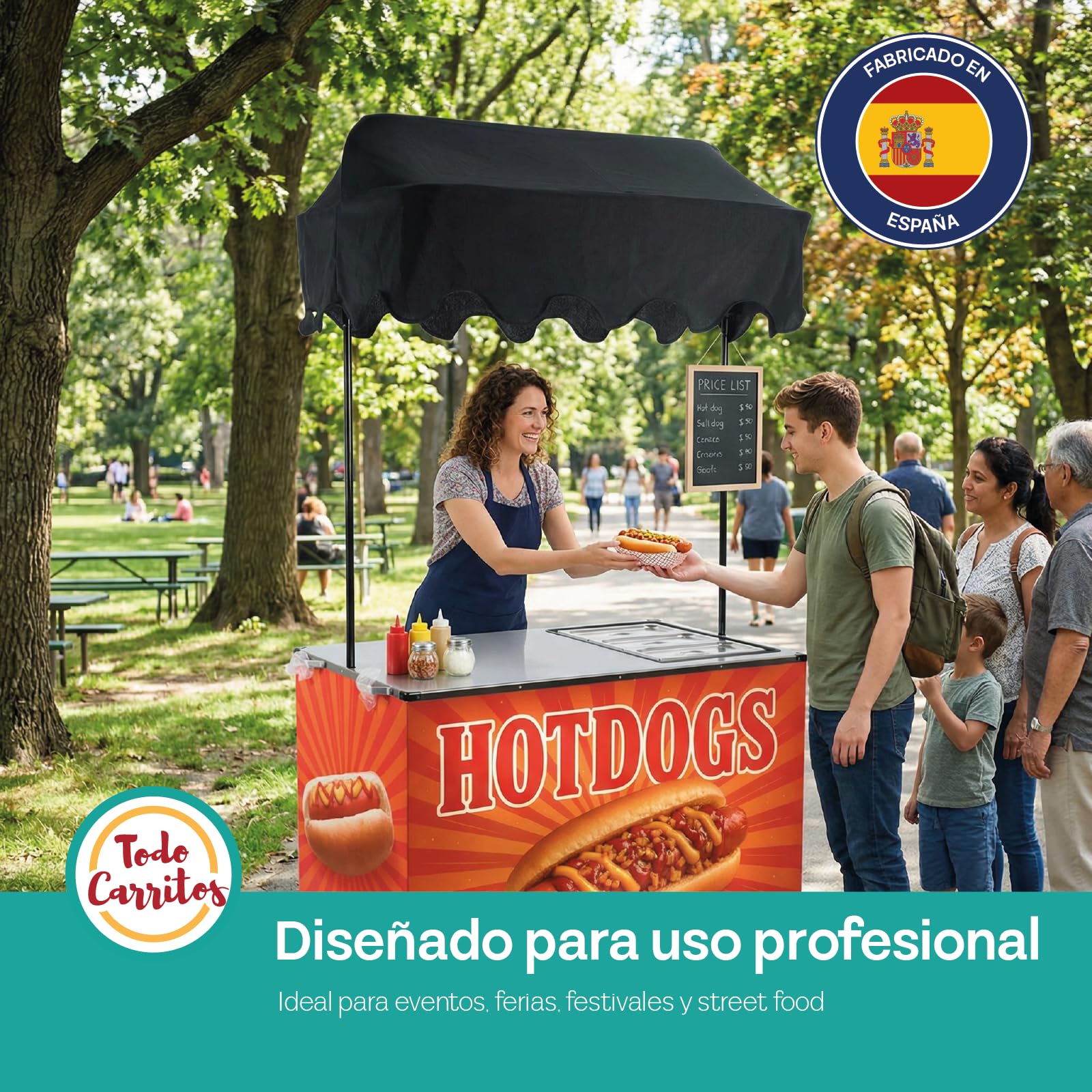 Carrito Hot Dogs Profesional | Carro Street Food con Baño María | Acero inoxidable con 3 cubetas GN, toldo y ruedas con freno. Catering, ferias, eventos y venta ambulante - Sol y Carpa