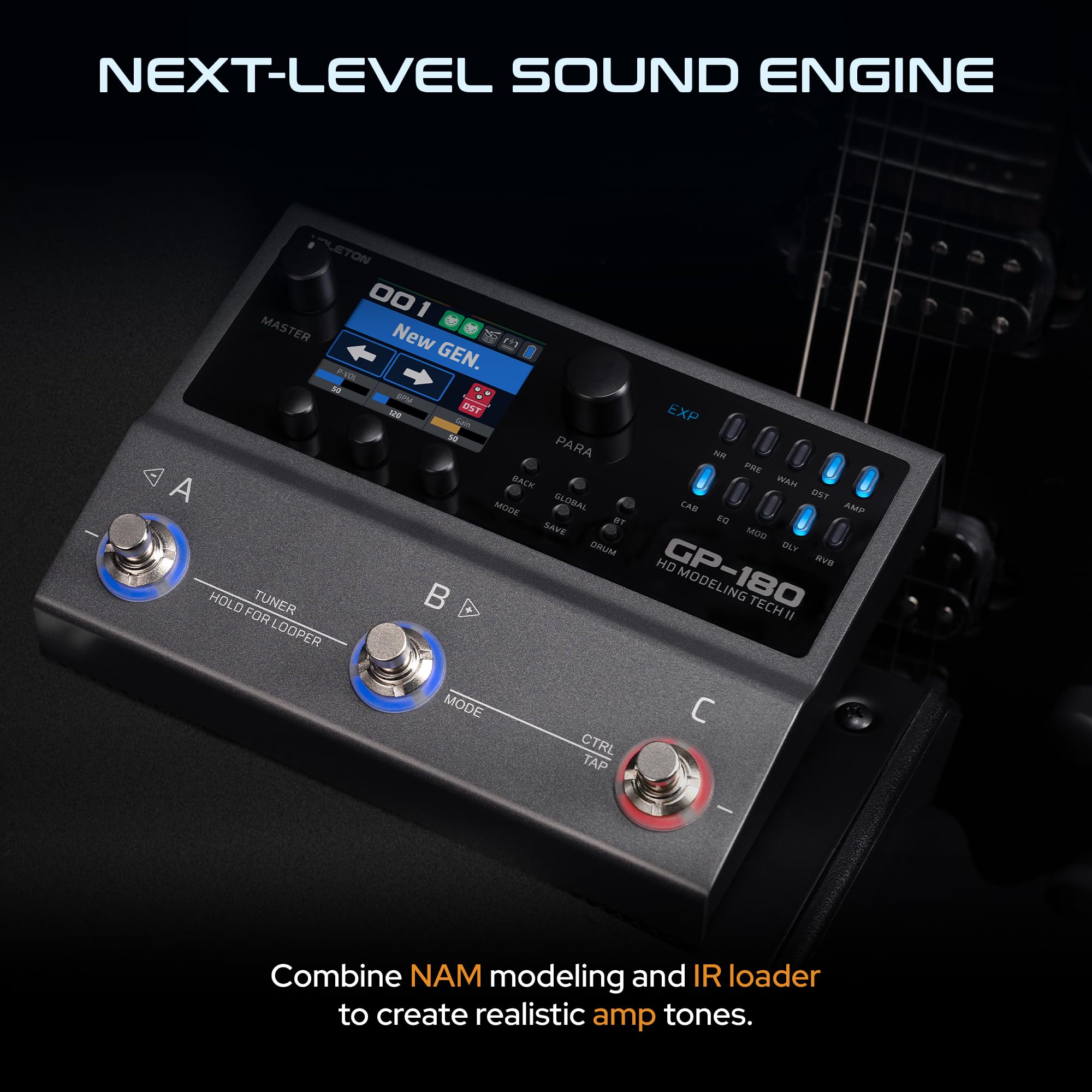 Valeton GP-180 Processore Multi-Effetti per Chitarra, Più di 200 Effetti, Modellazione NAM SnapTone, Caricatore IR, Looper, Drum Machine, Interfaccia Audio USB, Bluetooth MIDI, 3 Pedali a Interruttore