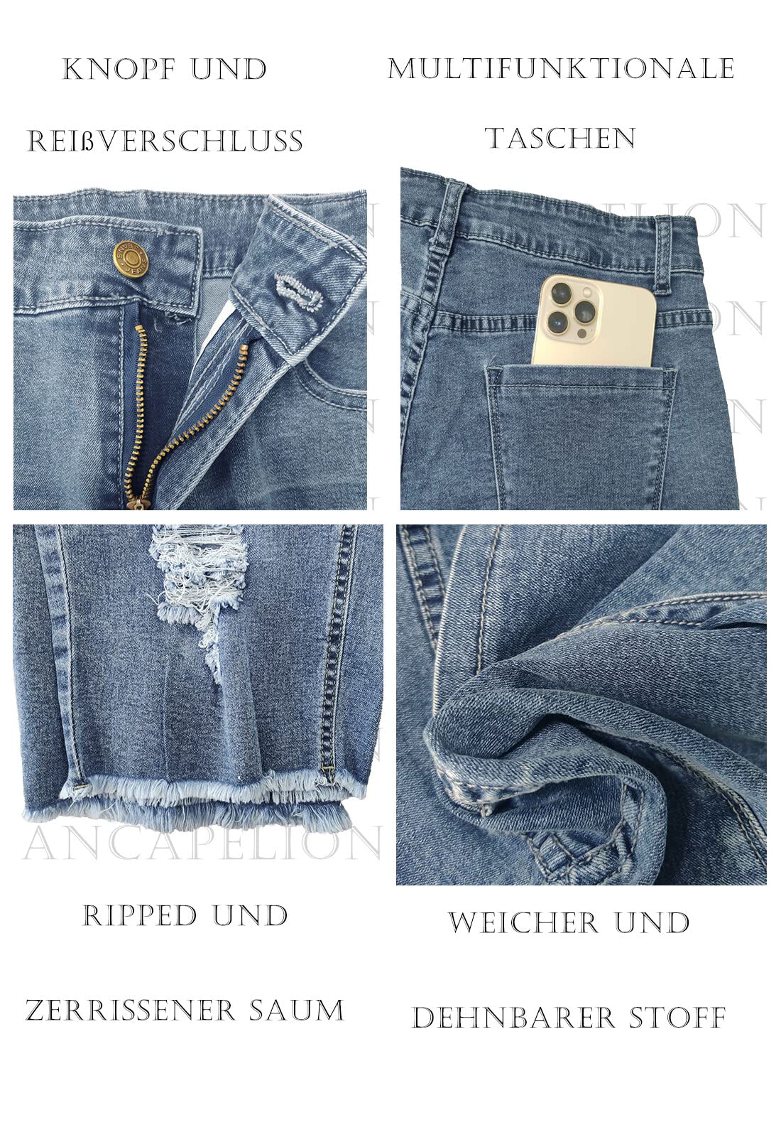 ANCAPELION Bermuda pour femme, taille haute, skinny, déchiré, ourlet brut classique, bermuda en denim