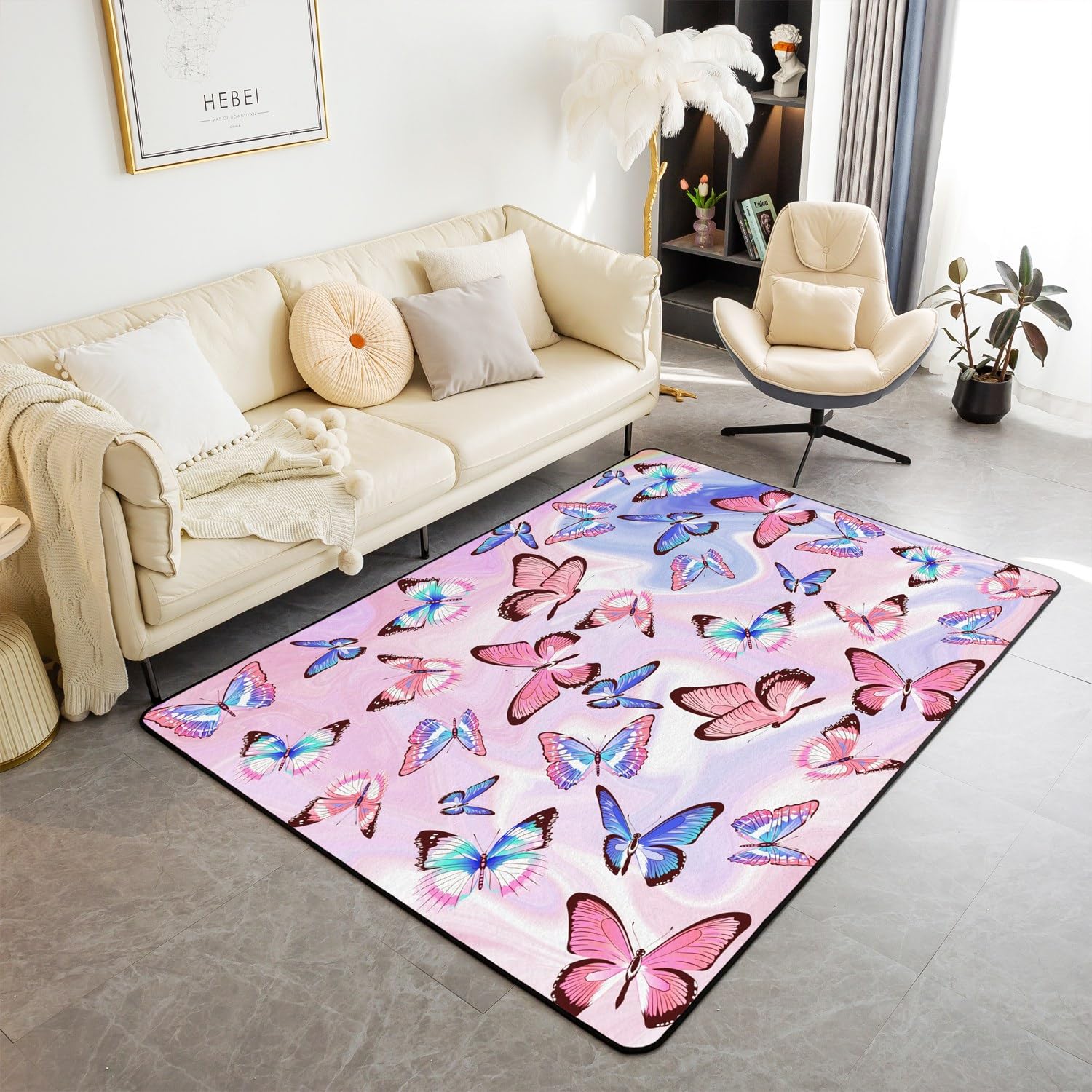 Homemissing Papillons Tapis Salon 100x150cm Fille Papillons Imprimer Tapis Exterieur pour Enfants Marble Imprimer Tapis d'extérieur Femme Homme Rose Tapis Chambre