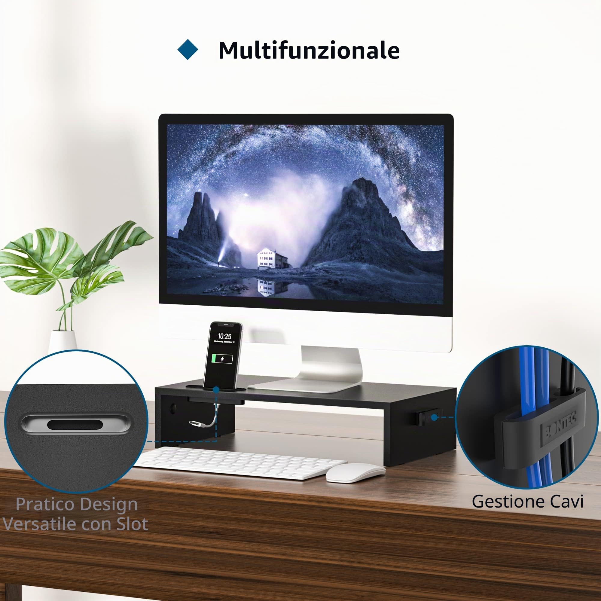 BONTEC Supporto per Monitor in Legno, per Monitor da Tavolo ergonomico per Laptop, Computer, Notebook, iMac, Stampanti, Portata Fino a 30 kg, W420 x D235 x H104mm, Nero