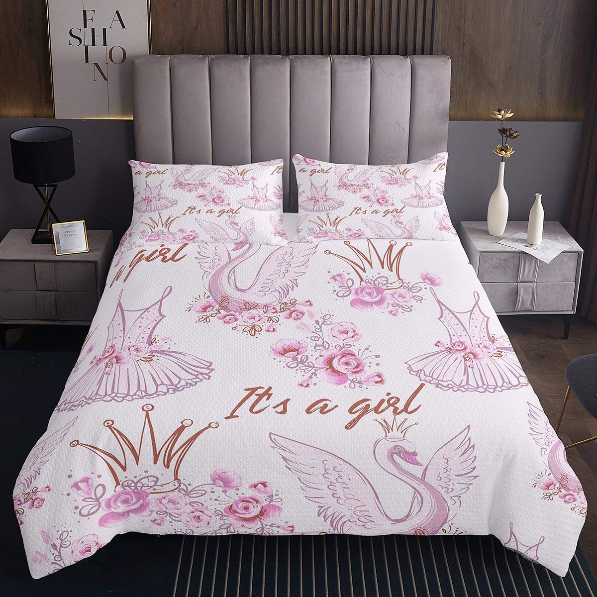 Girls Quilted Bedspread Baby Girl Pink Ballerina Swan Quilted Coverlet for Kids Teens Lovely Floral Queen Crown Ballet Dress Coverlet Set Girly Quilted Room Decor 3Pcs With 2 Pillow Case King Size