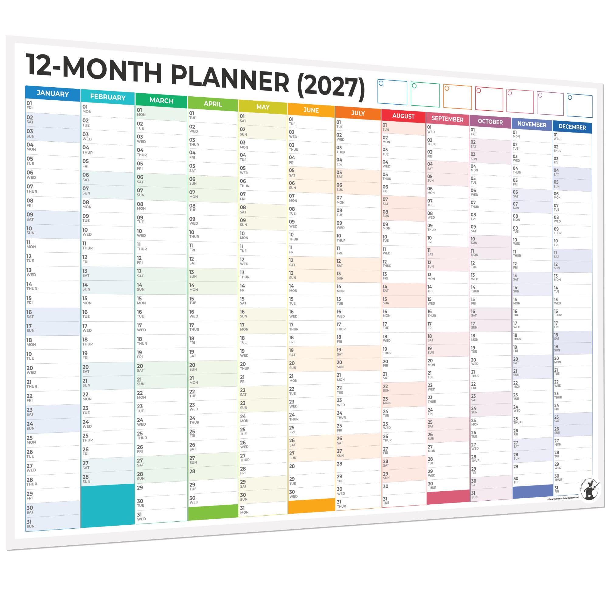 A0 2027 Wall Planner, Extra Large 12-Month Yearly Calendar with Bright Colour Column Layout, Non-Laminated Matt Silk Finish with GluDots and a Thank You That Grows.