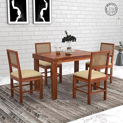 SHRI MINTU'S ART Wooden 4 Seater Dining Table Set | Four Seater Dinning Table with Printed Cushioned Chairs for Home | Dining Room Furniture for Kitchen & Restaurants | Solid Wood Sheesham, Honey