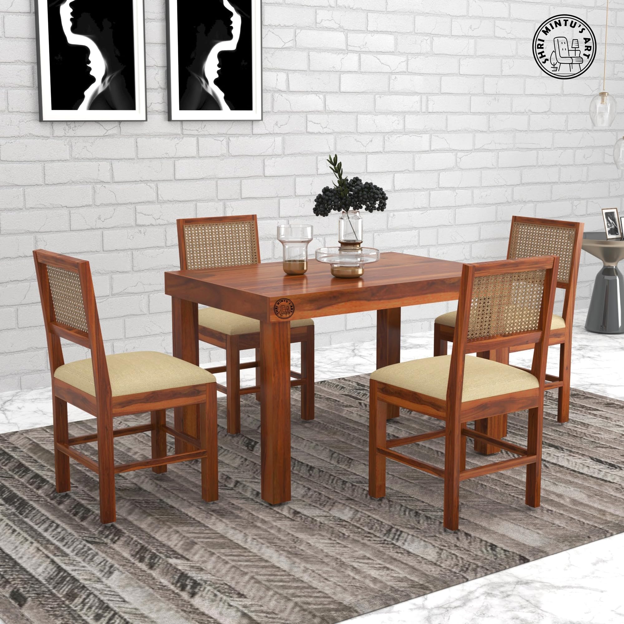 Wooden 4 Seater Dining Table Set | Four Seater Dinning Table with Cushioned Chairs for Home | Dining Room Furniture for Kitchen & Restaurants | Solid Wood Sheesham, Honey