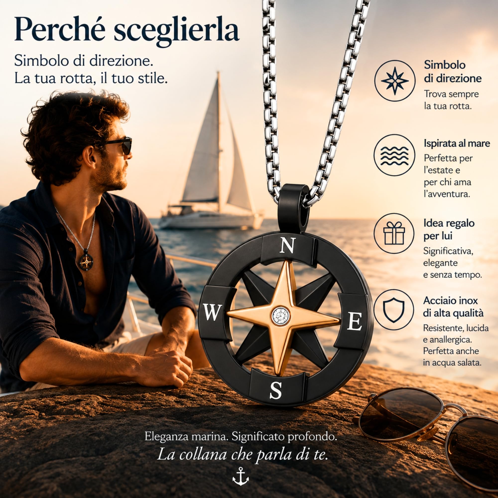 Collana Uomo Rosa dei Venti con Bussola in Acciaio Inox – Ciondolo Nautico con Zircone Bianco – Catena Resistente Vari Colori – Gioiello Uomo Elegante Stile Marino Regalo per Lui