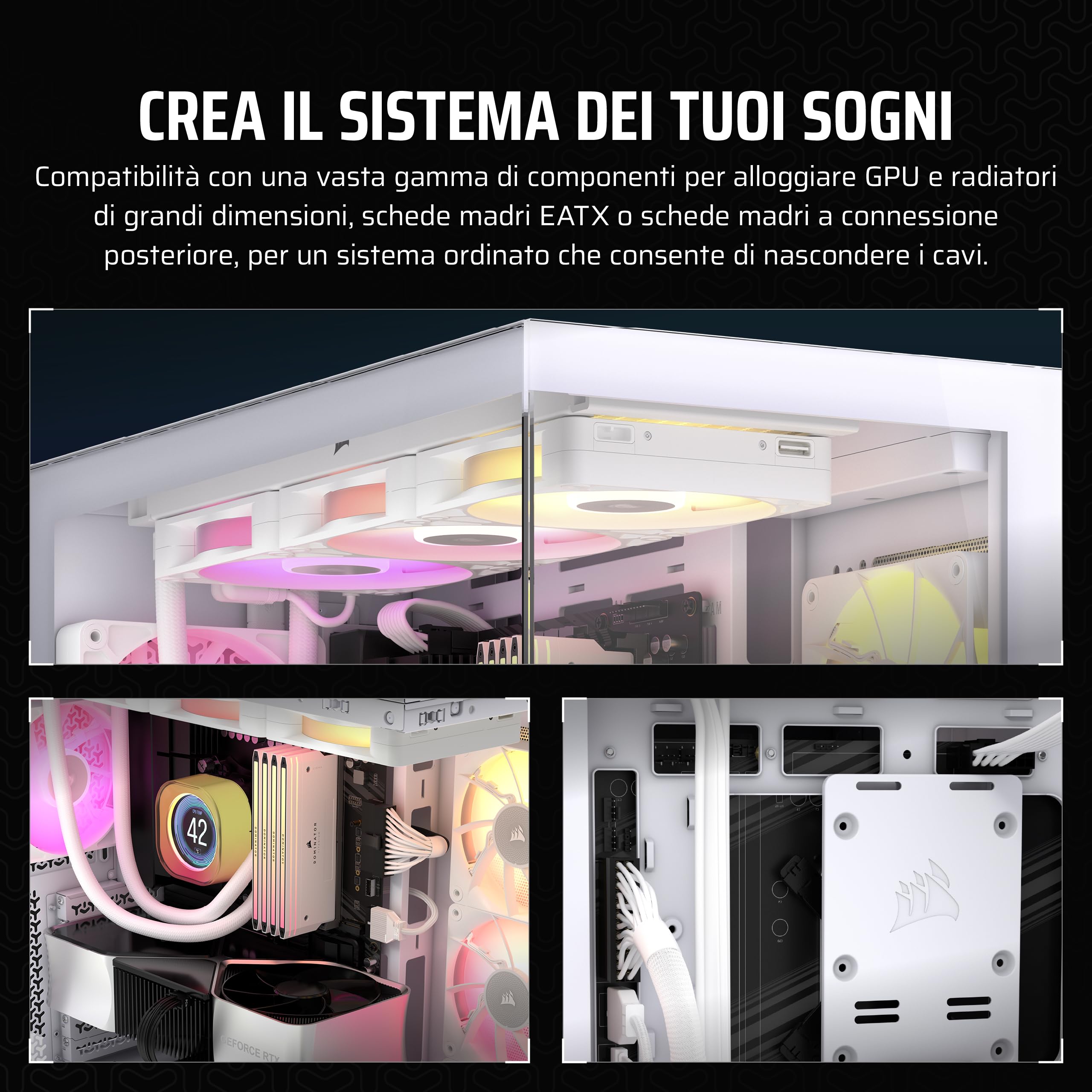 CORSAIR iCUE LINK 3500X RGB Mid-Tower ATX Case per PC - Vetro Panoramico Temperato - Compatibile con Scheda Madre a Connessione Inversa - 3x Ventole CORSAIR RX120 RGB Incluse - Bianco