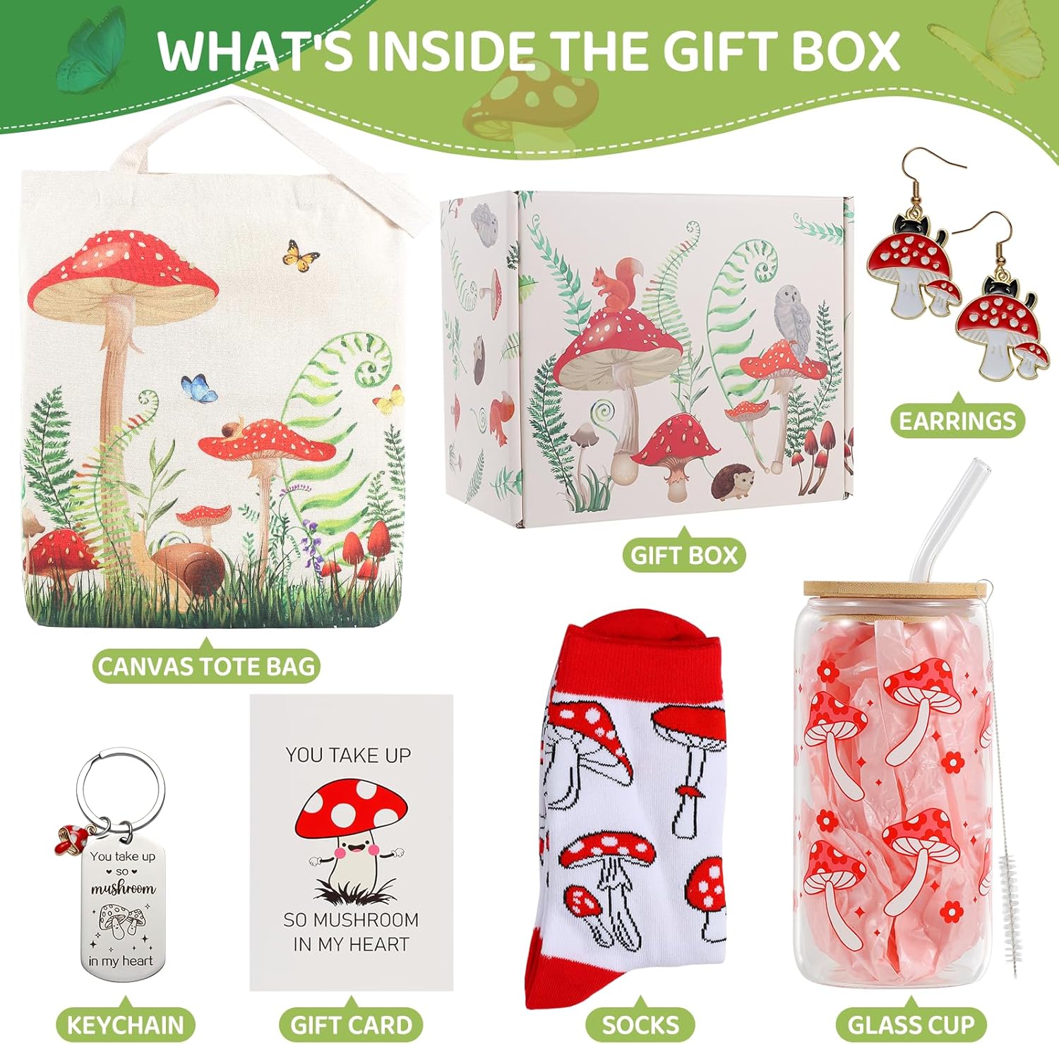 Mushroom Gifts for Women Mushroom Lovers Stuff Mushroom Lovers Gifts for Women Include Mushroom Glass Cup Canvas Tote Bag Earring Keychain Socks Card for Mushroom Lovers Christmas - Image 2